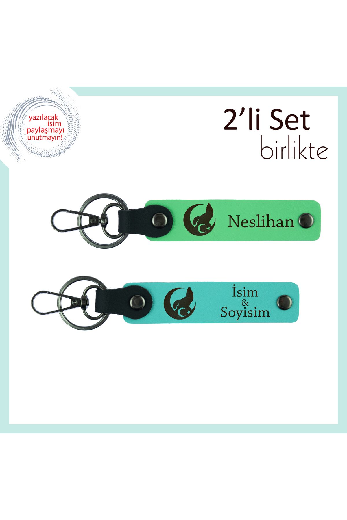 Miaju Çocuğuna Hatıralık – Bozkurt Ve Ayyıldız Temalı İsimli 2’li Anahtarlık Takım, Fıstık Yeşil-Turkuaz