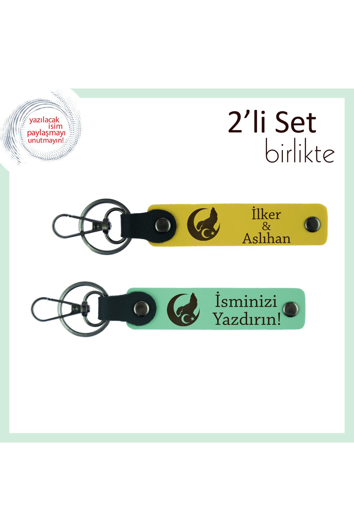 Miaju Bozkurt Ve Ayyıldız Kişisel Set – Yıldönümüne Özel İsim Yazılabilir Anahtarlık Takım, Sarı-Yeşil