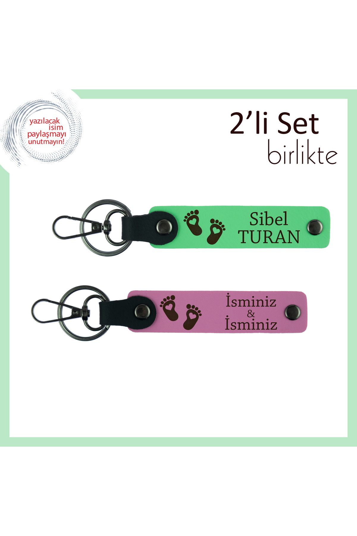 Miaju Yeni Doğan Bebeğe Özel Kalpli Ayak Motifli Anahtarlık, Üzerine İsim Yazılabilir Set, F Yeşil-Pembe