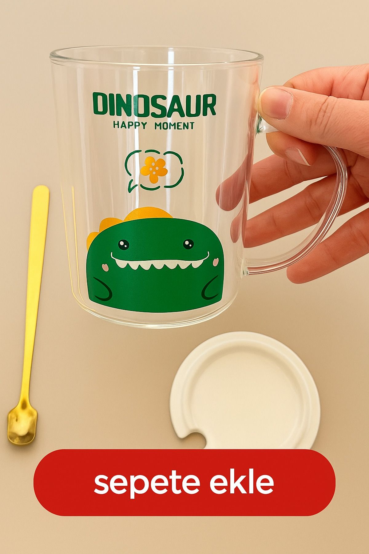 Two Two Dinosaur Happy Moment Cam Kupa Seti - Kapaklı ve Altın Renk Karıştırıcılı