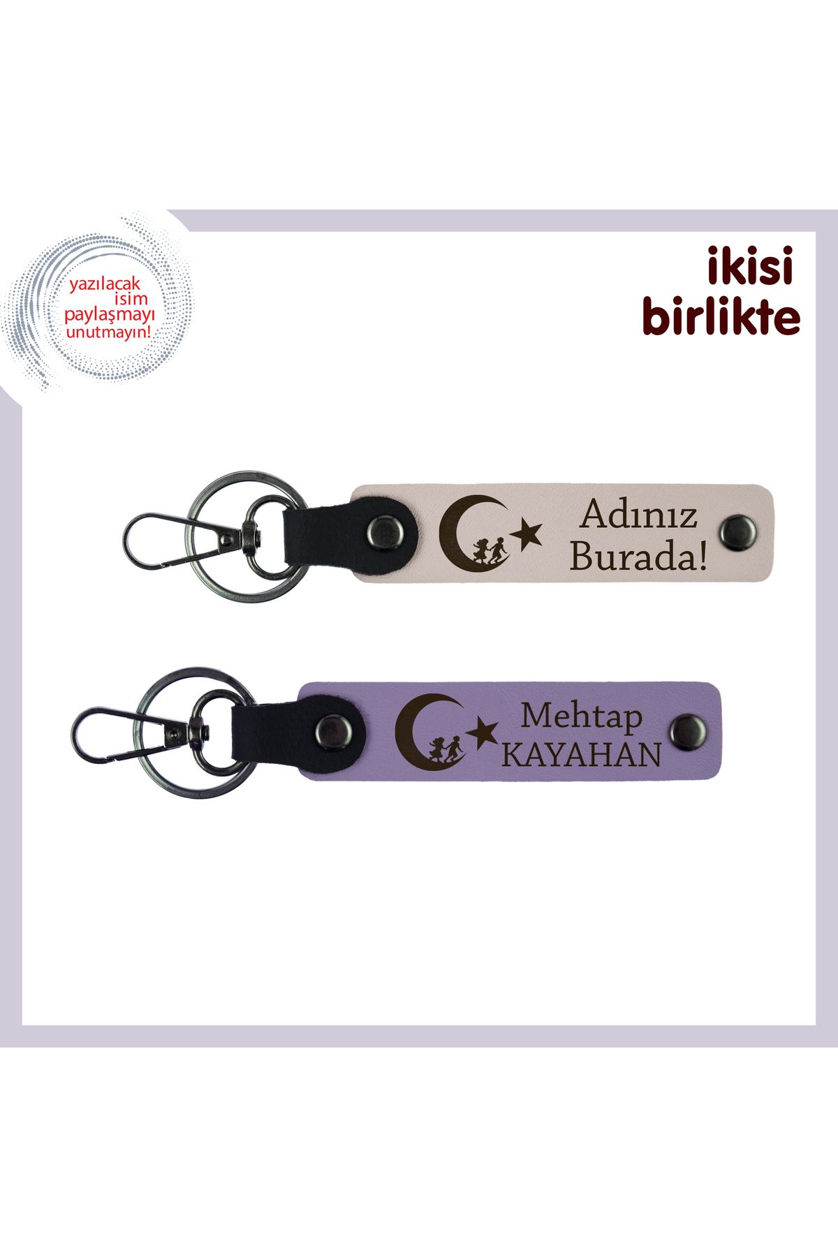 Miaju Vatan Temalı,Kişiye Özel İsim Yazılabilen, Çocuk Ve Ayyıldız Anahtarlık Seti, İki Adet, Pudra-Mor