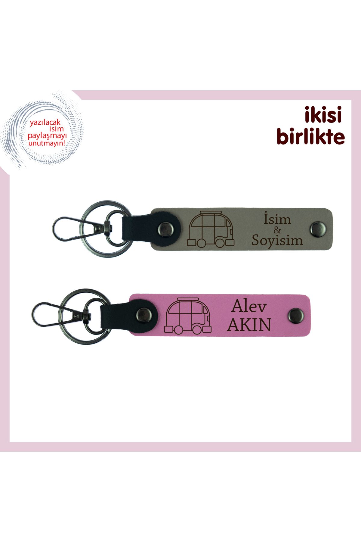 Miaju İki Kampçının Yol Hikayesine Özel, İsim Yazılabilir Anahtarlık Seti, İsim Yazılabilir, Kül Gri-Pembe