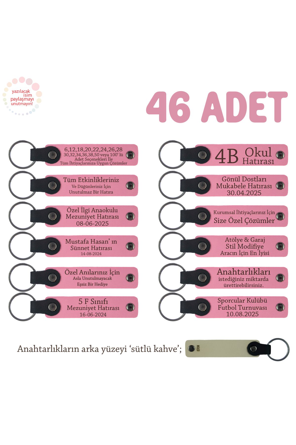 Miaju Pembe & S Kahve, Kına Gecenizin En Anlamlı Hatırası 46'lı Set, İsim Yazılabilir Hediyelik Anahtarlık