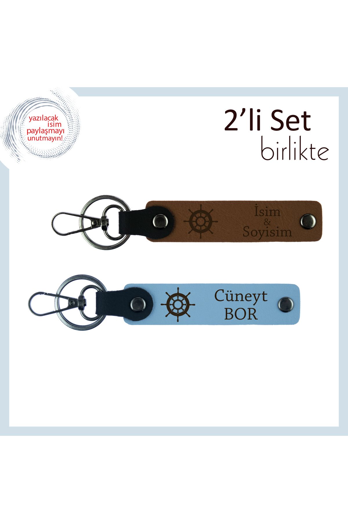 Miaju Gemi Dümeni Motifli 2’li Anahtarlık, İsme Özel Hazırlanan Şık Tasarım, Açık Kahve-Gök Mavi