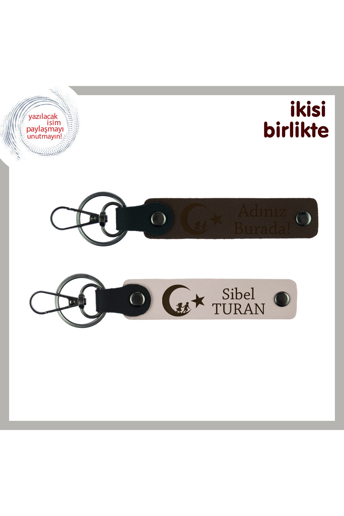 Miaju Kuzene Gurur Dolu Hediye – Çocuk Ve Ayyıldız ve İsimli 2' li Anahtarlık Takımı, Koyu Kahve-Pudra