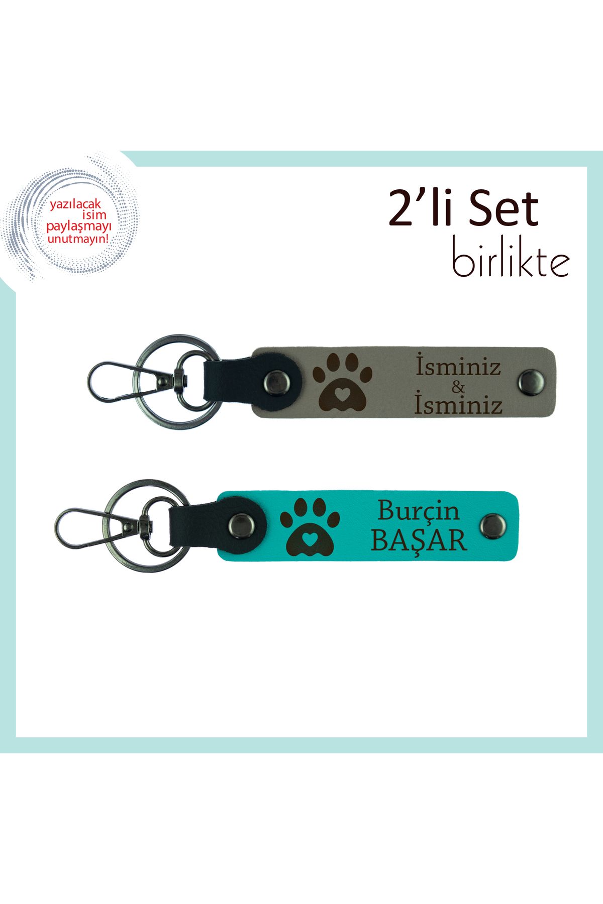 Miaju Kalpli Pati Motifli Deri Anahtarlık Seti, Kedi Sahipleri İçin Özel Hediye, Kül Gri-Koyu Turkuaz