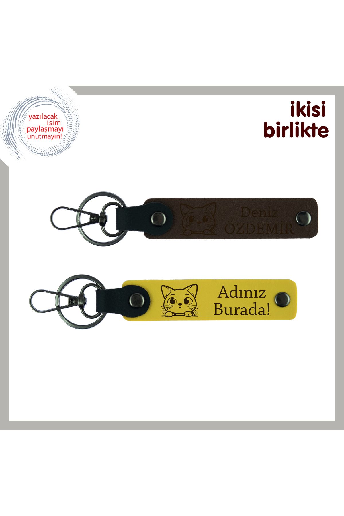 Miaju Beraber Aldığınız İlk Kediye Anı, Kişisel İsim Yazılabilir Deri Anahtarlık Takımı, Koyu Kahve-Sarı
