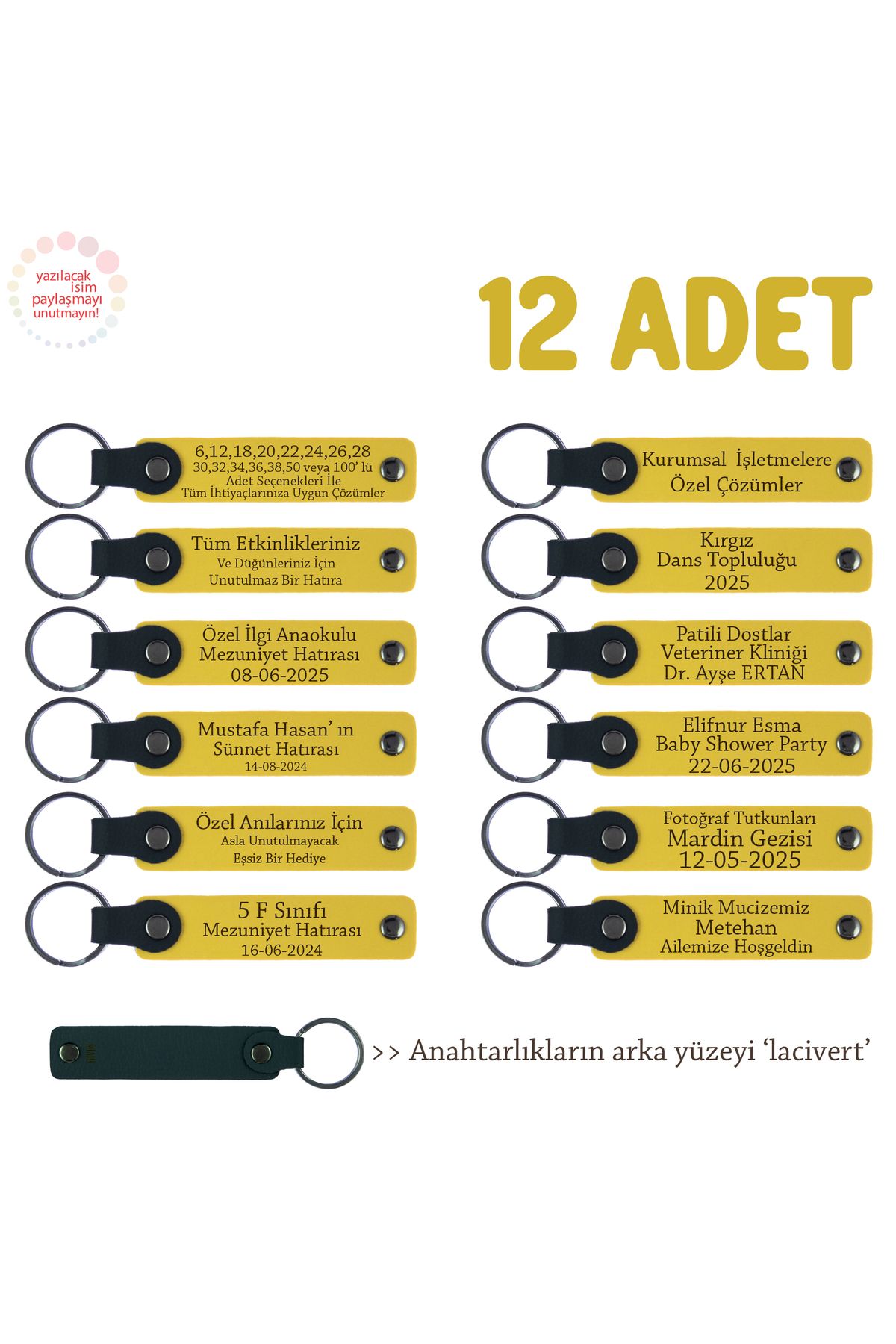 Miaju Sarı & Lacivert, Teyze, Dayı ve Kuzenlere Sürpriz Hediyelik, 12’li Set, Kişiye Özel Deri Anahtarlık