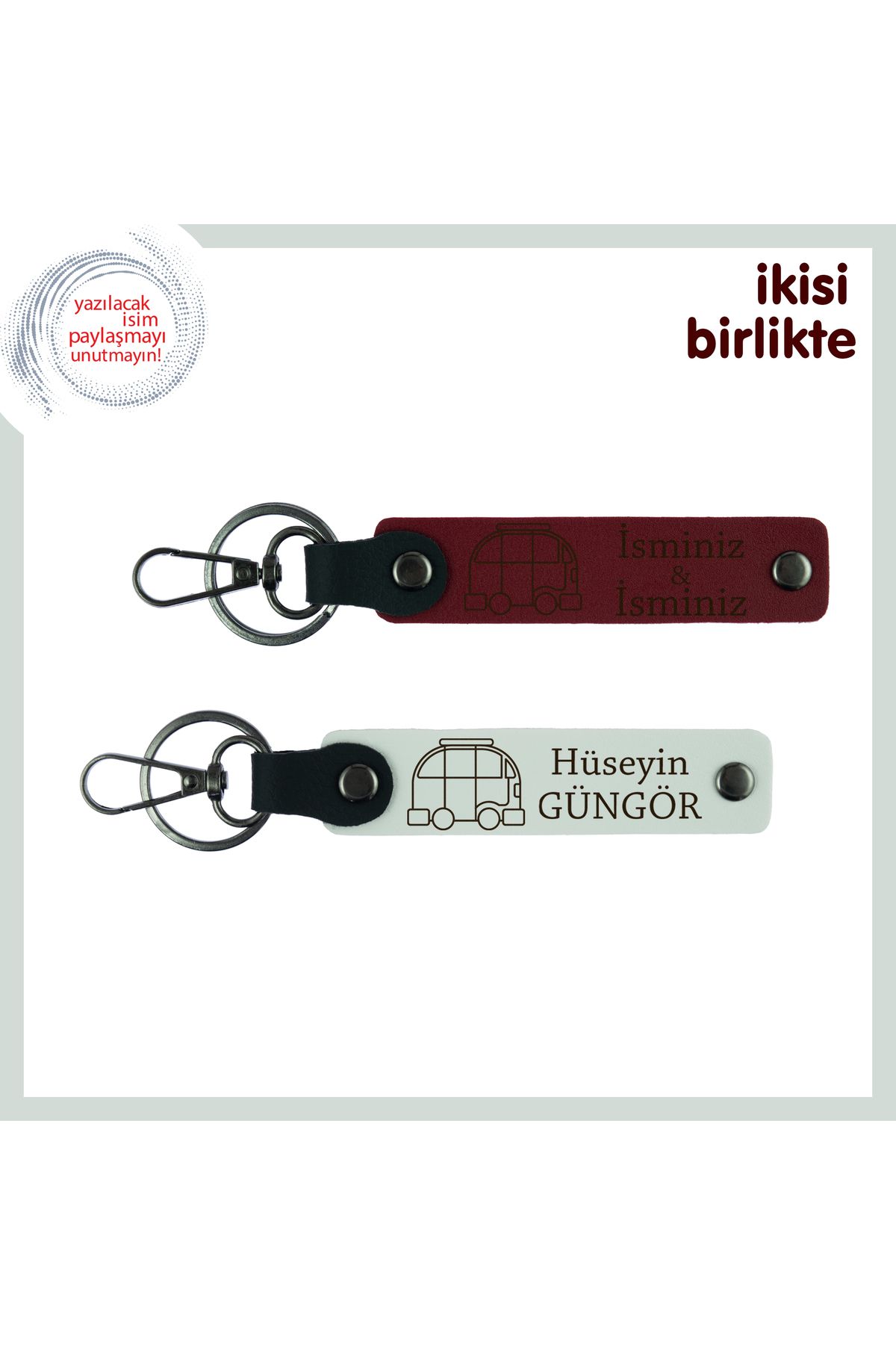 Miaju Kampçı Takıme Sevgilerle, Kişiye Özel Karavan Temalı Anahtarlık 2’li Set, İsim Yazılı, Bordo-Beyaz