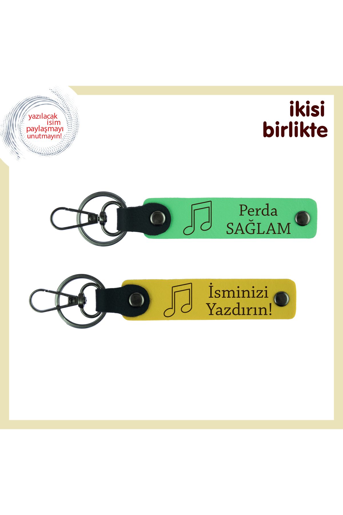Miaju Sahne Arkadaşına Kalıcı Vefa Hediyesi, Kişisel Notalı Anahtarlık Seti, İsminize Özel, F Yeşil-Sarı