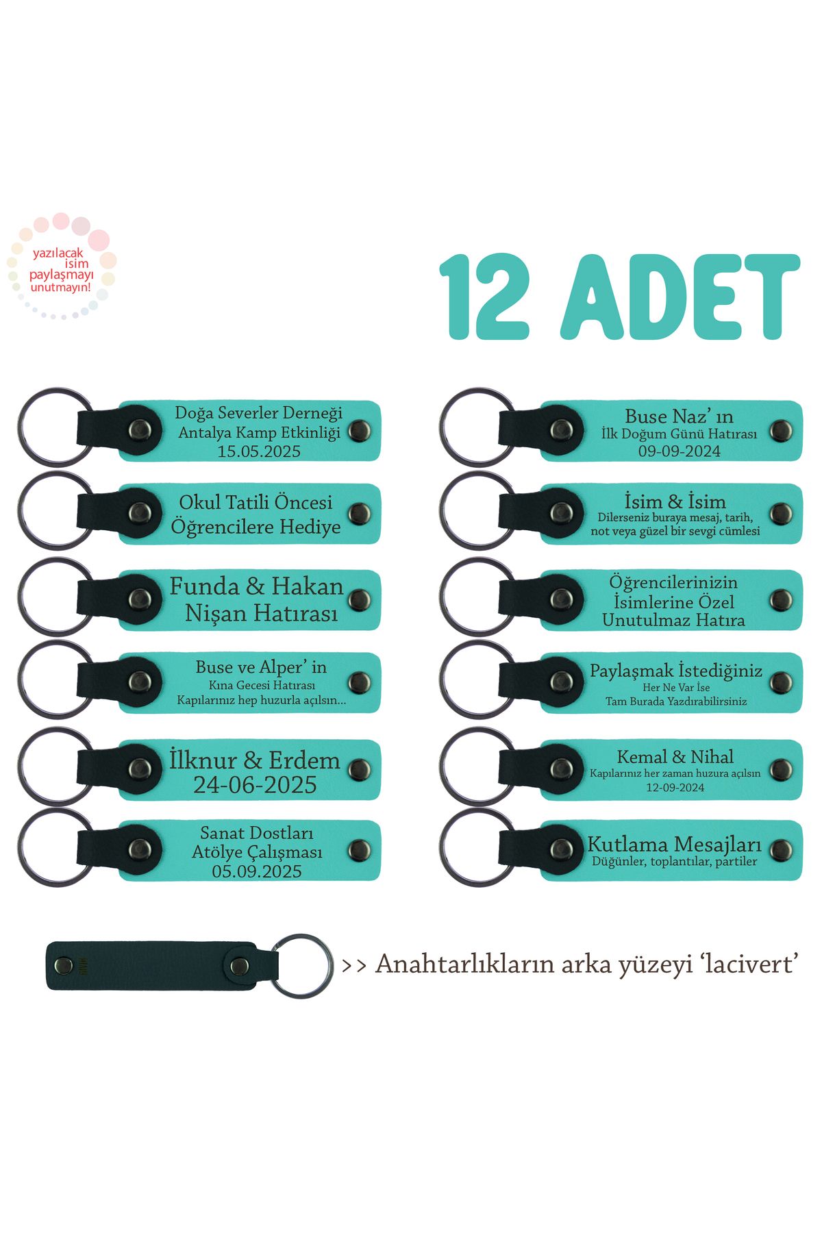 Miaju Tüm Aile Bireylerine Özel Hediye, 12'li Set, Kişiye Özgü İsim Yazılı Anahtarlık, Turkuaz & Lacivert