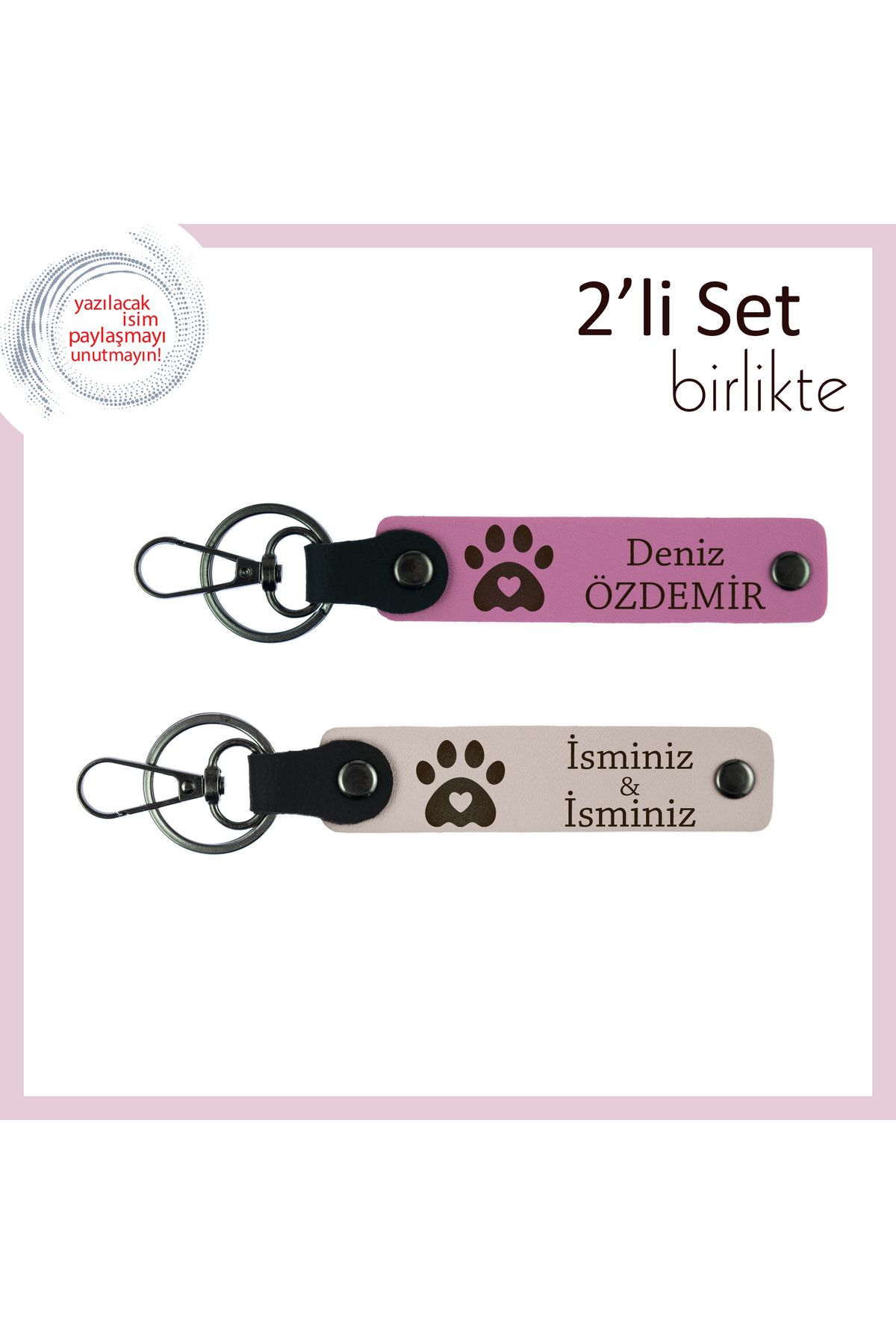 Miaju Köpek Sahibi Eşe Uygun Hediyelik, Kalpli Pati Motifli Kişisel Anahtarlık Takımı, Pembe-Pudra