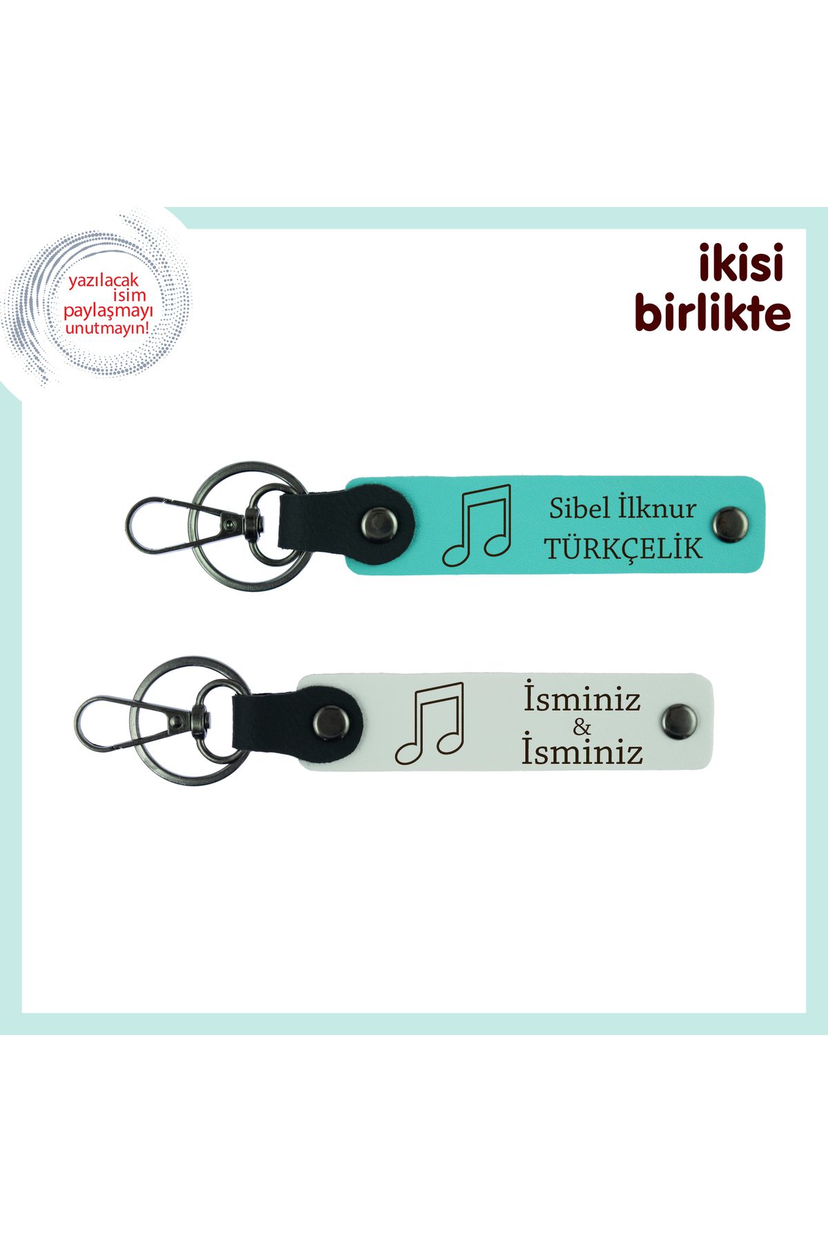 Miaju Sevgiliye Melodik Sürpriz, Kişisel İsim Yazılabilir Deri Anahtarlık Seti, Turkuaz-Beyaz