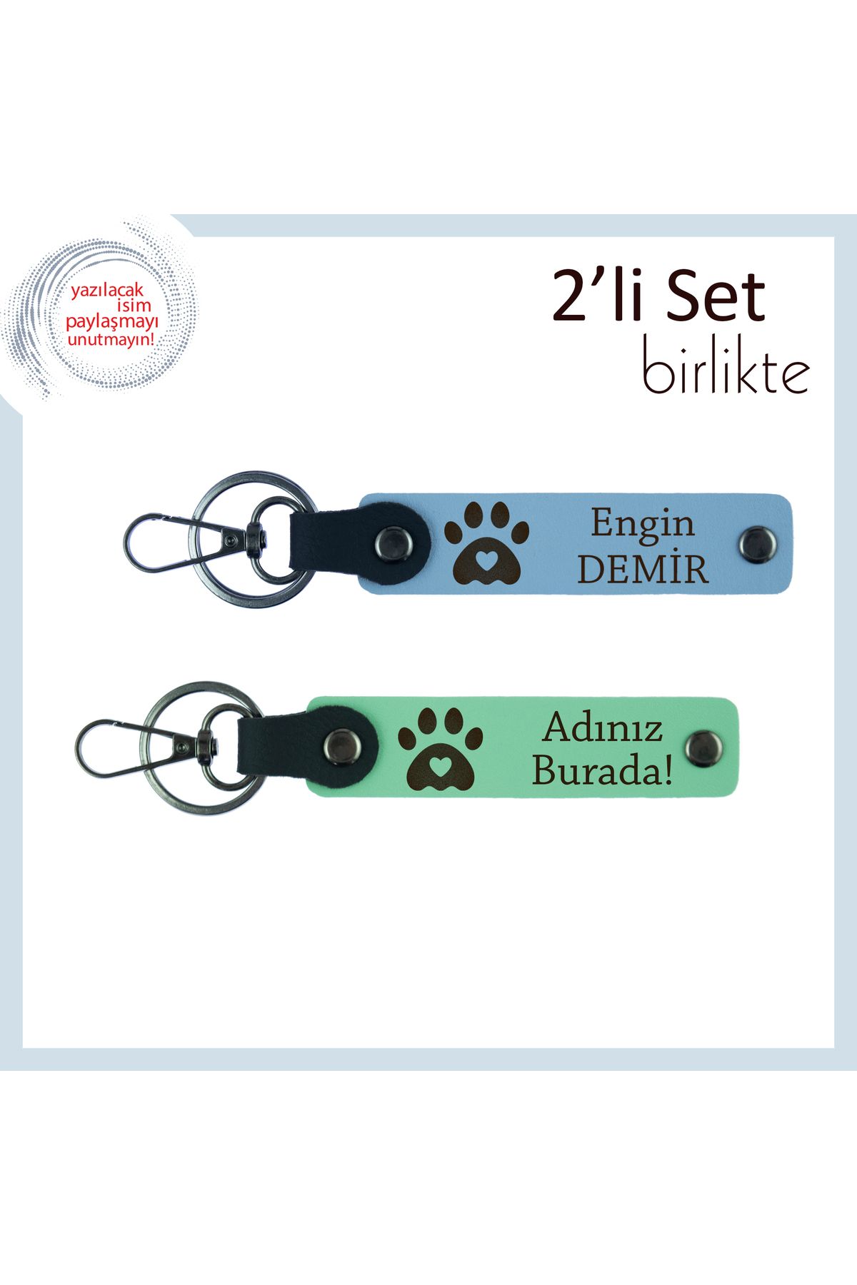 Miaju Köpek Sahibi Sevgiliye Uygun Hediyelik, Pati ve Kalp Temalı Deri Set, Gök Mavi-Açık Yeşil