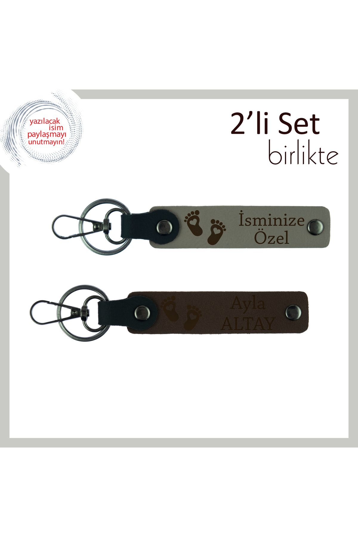 Miaju Kız Bebeğe Pembe Renkli Kalpli Ayak Motifli Deri Anahtarlık, İsme Özel 2’li Set, Kül Gri-Koyu Kahve