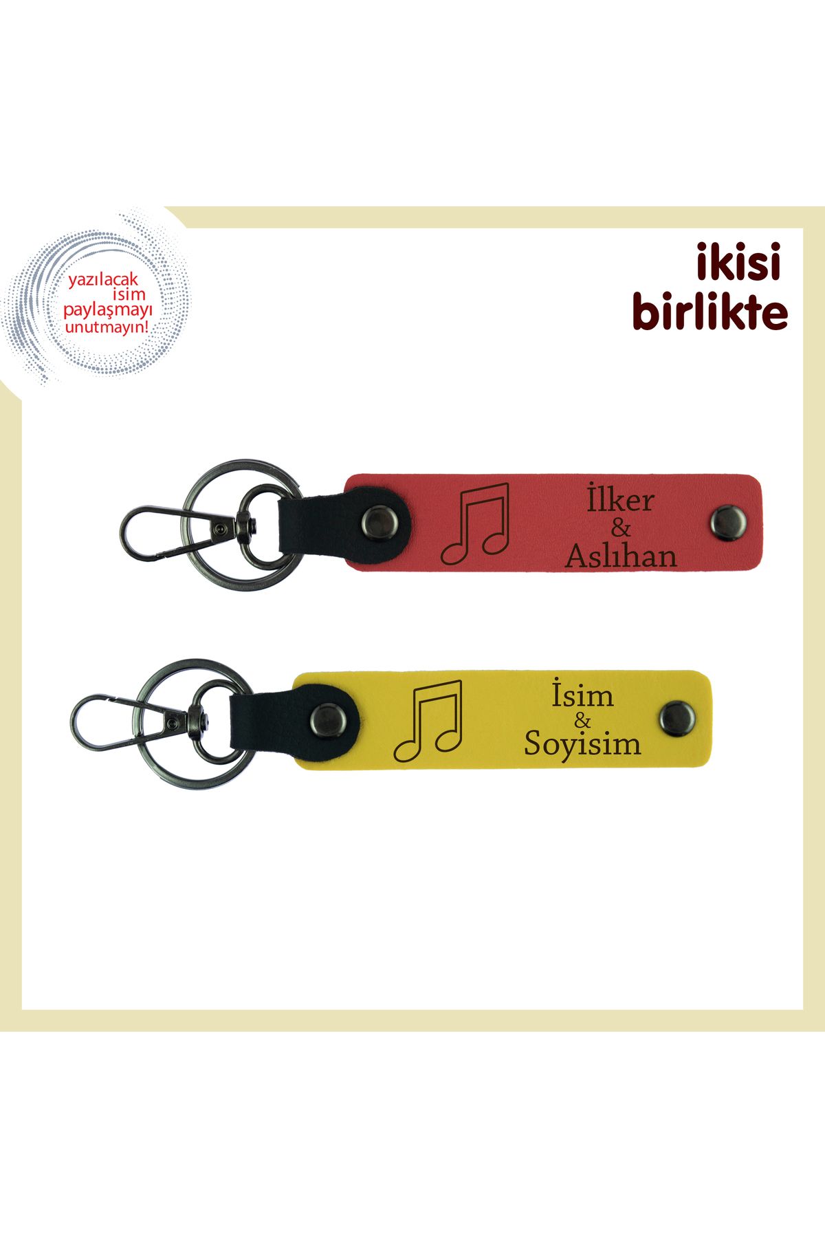 Miaju Piyano Derslerine Başlayan Çocuğa Özel, Kişiye Özel Deri Anahtarlık Takımı, Nar Çiçeği-Sarı