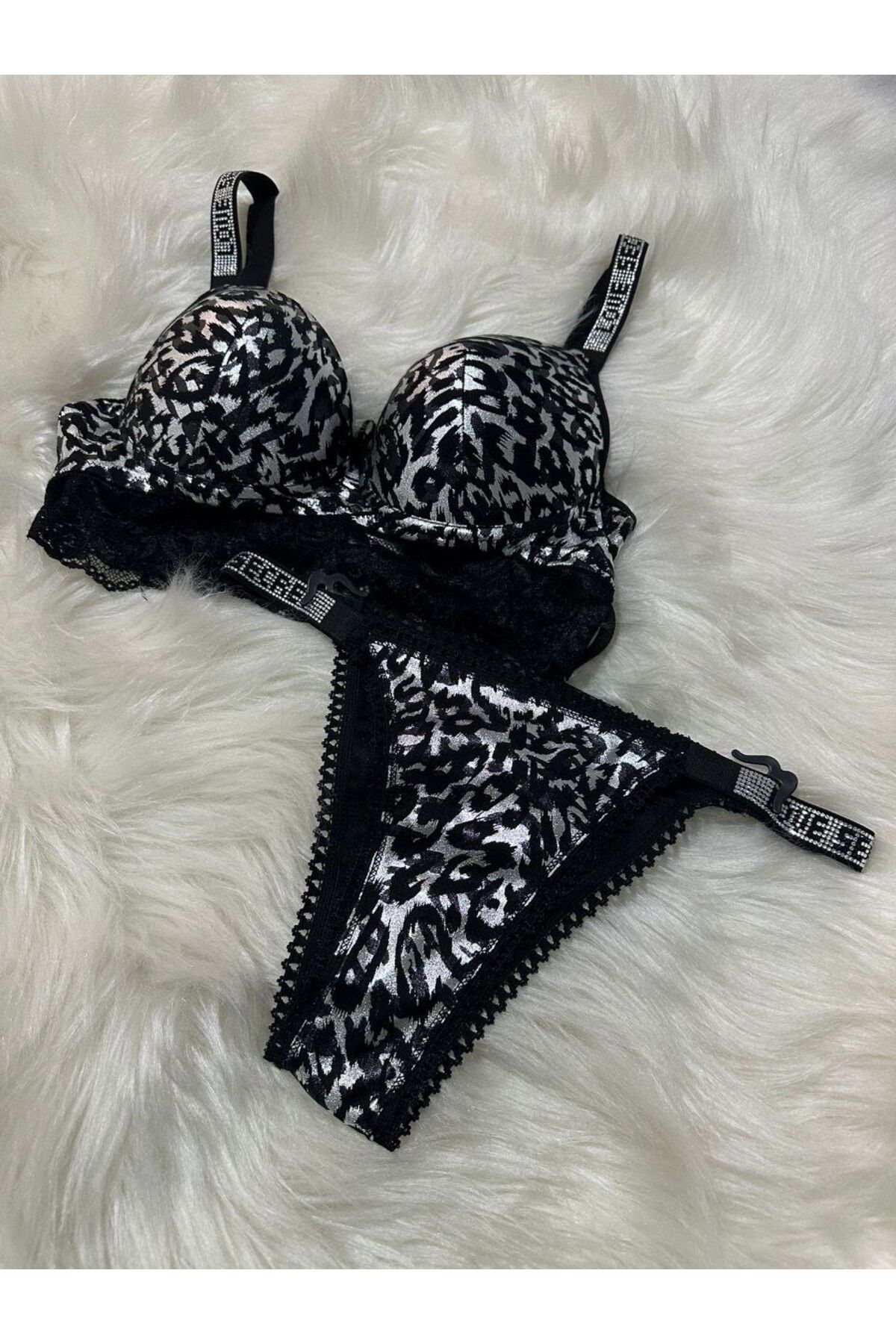 Elmas butik butik elmas kadın leopar desenli dolgulu tül detaylı taşlı askılı sütyen takım