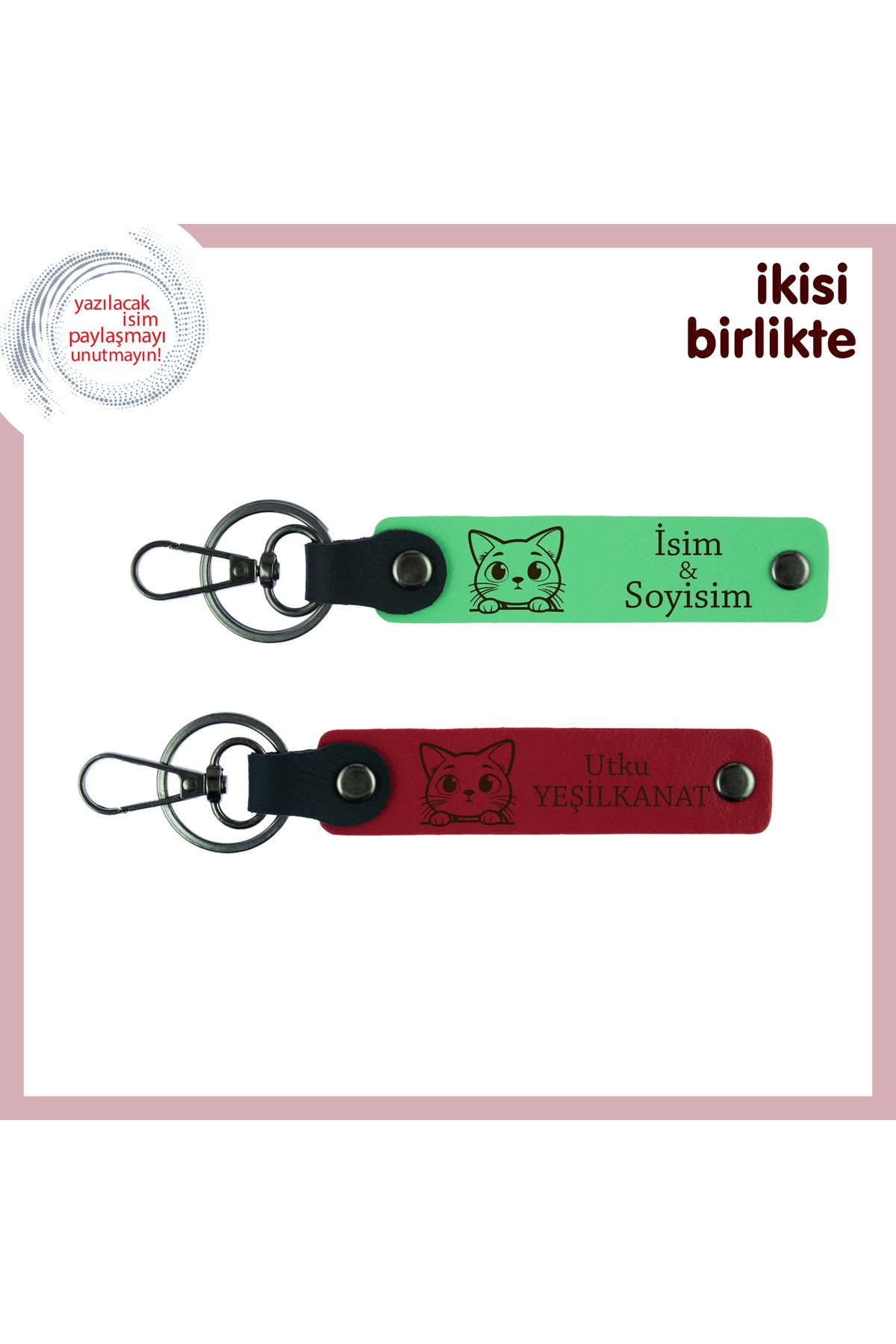 Miaju Sevimli Miniklerle Dolu Hayata Özel, Kedi Temalı Anahtarlık Takımı, Fıstık Yeşil-Kırmızı