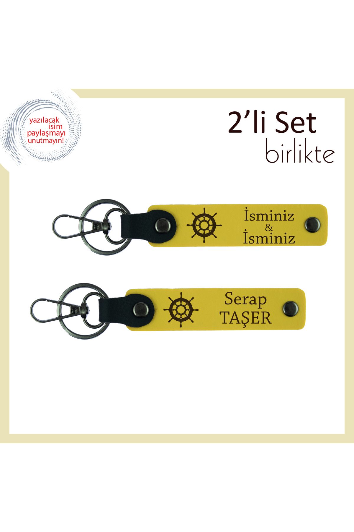 Miaju Tarzına Güvenen Eşe Kişisel Tasarım, Gemi Dümeni Desenli 2’li Set, İsim Yazdırılabilir, Sarı-Sarı