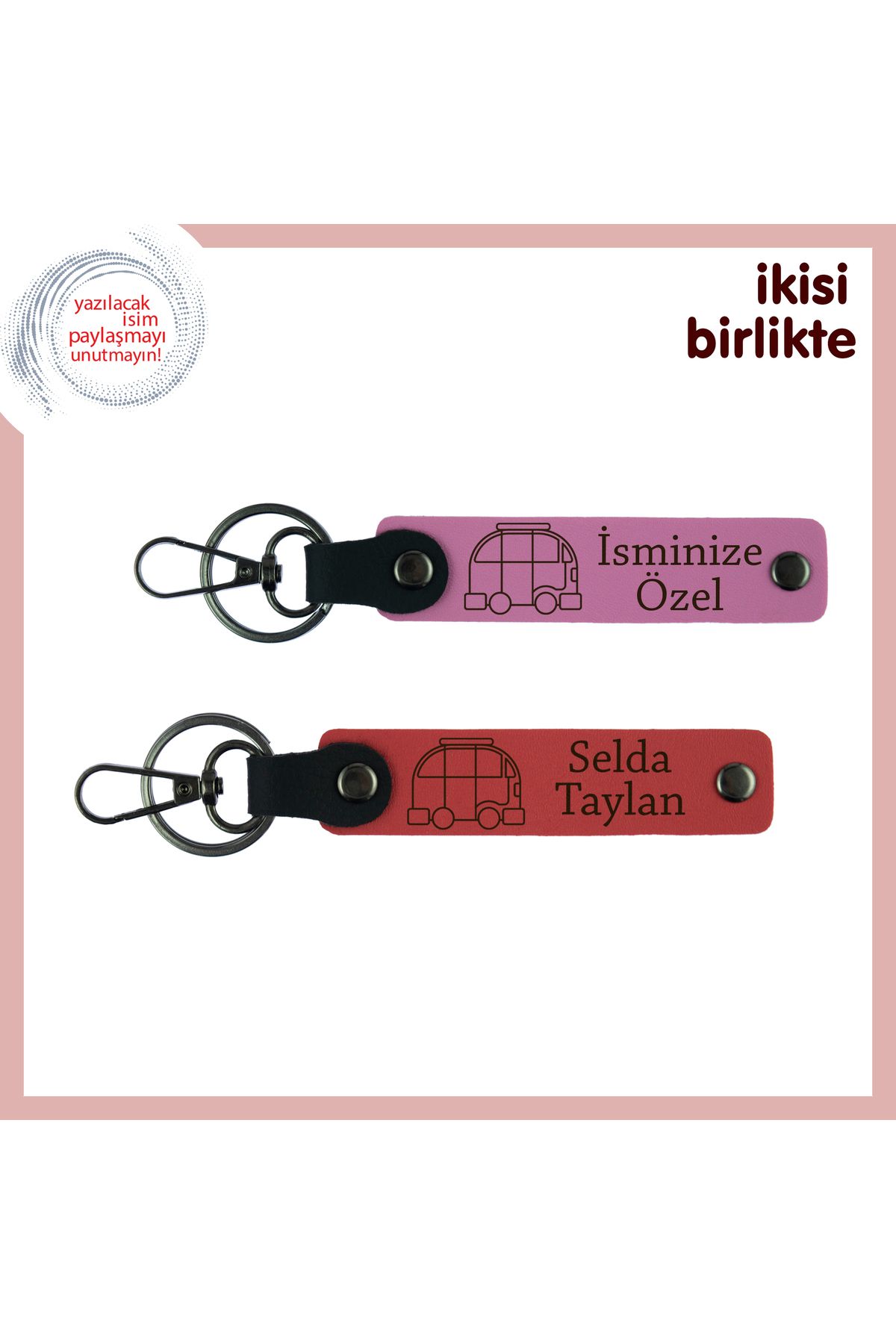 Miaju Gezici Hayat Tarzını Sevenlere, Karavan Temalı Deri Anahtarlık Takımı, İsme Özel, Pembe-Nar Çiçeği