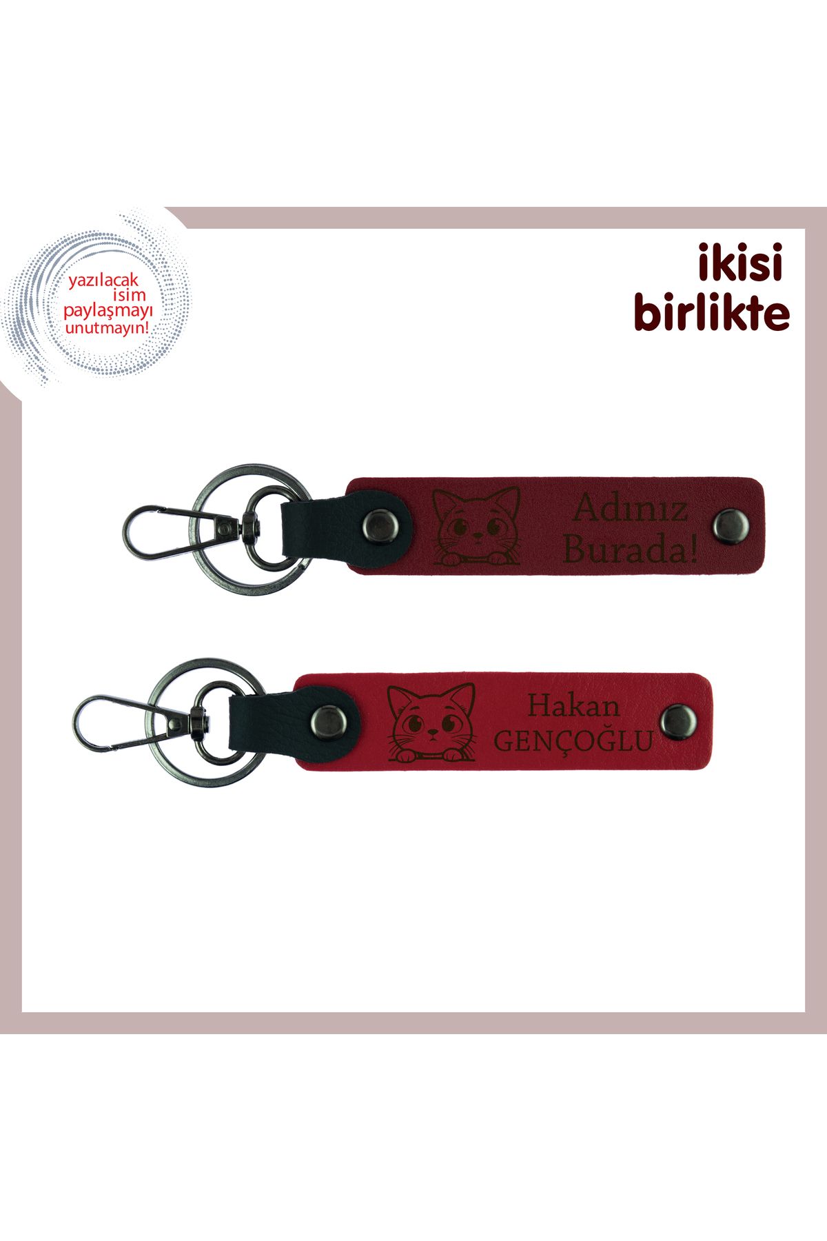 Miaju Kedi Sevgisini Kalıcılaştıran Hediye, Kişisel Deri Anahtarlık 2’li Set, Bordo-Kırmızı
