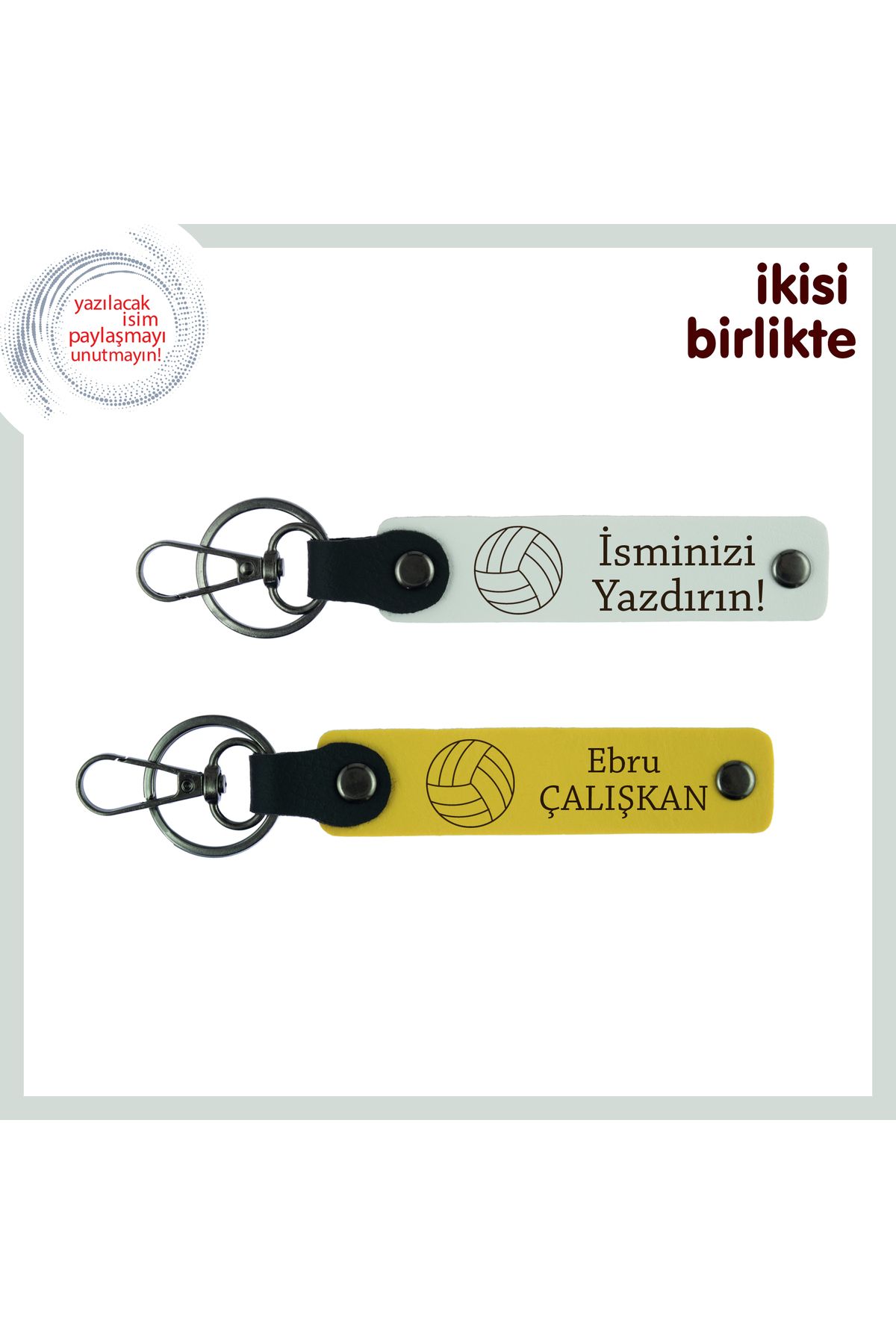 Miaju Ortak Hedeflere Vurulan Servis Gibi, Kişiye Özel İsim Yazılı Deri Anahtarlık Takımı, Beyaz-Sarı
