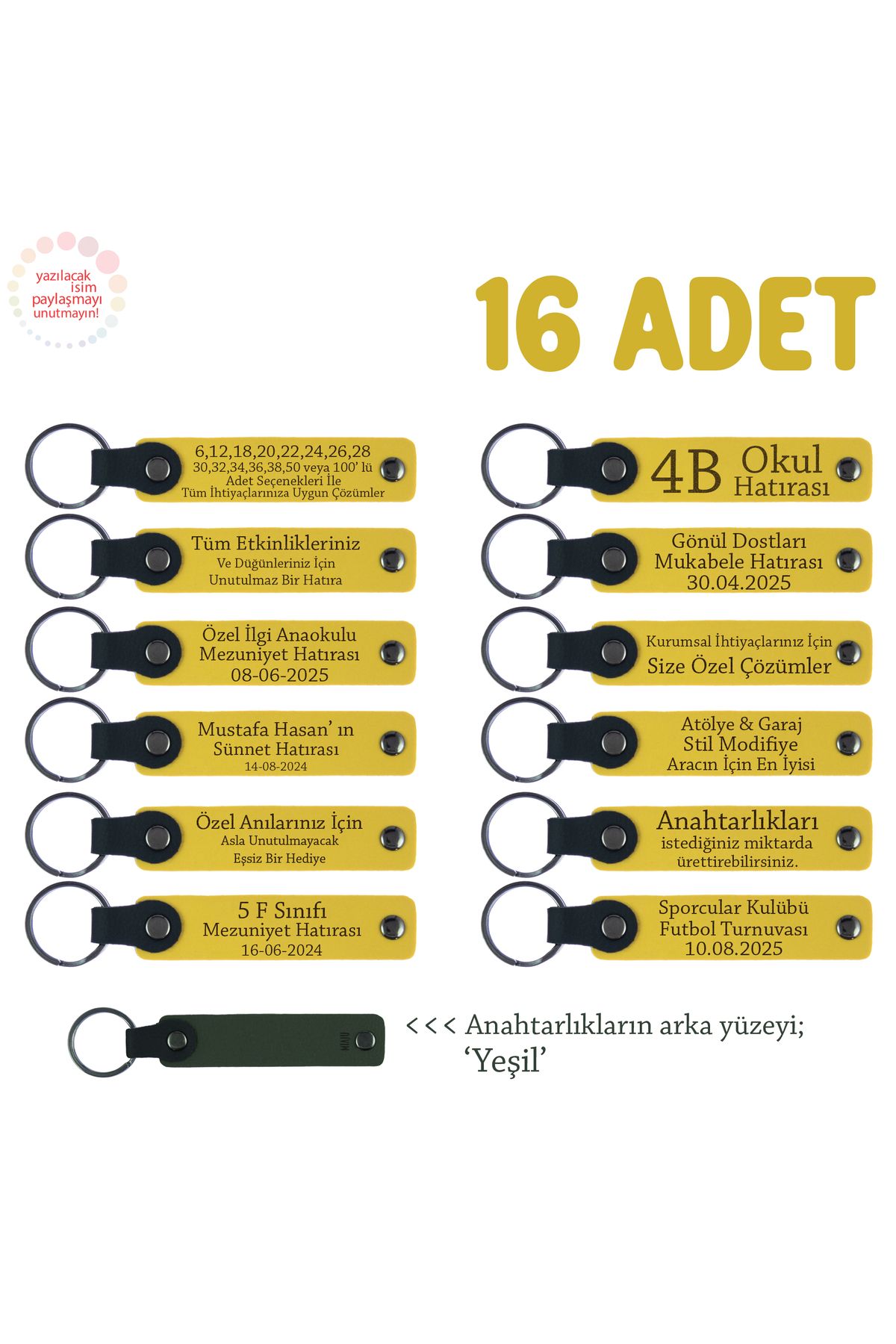Miaju Sarı & Yeşil, Avukatlık Bürosuna Özel Teşekkür Hediyesi, 16’lı Set, İsim Yazılabilen Anahtarlık
