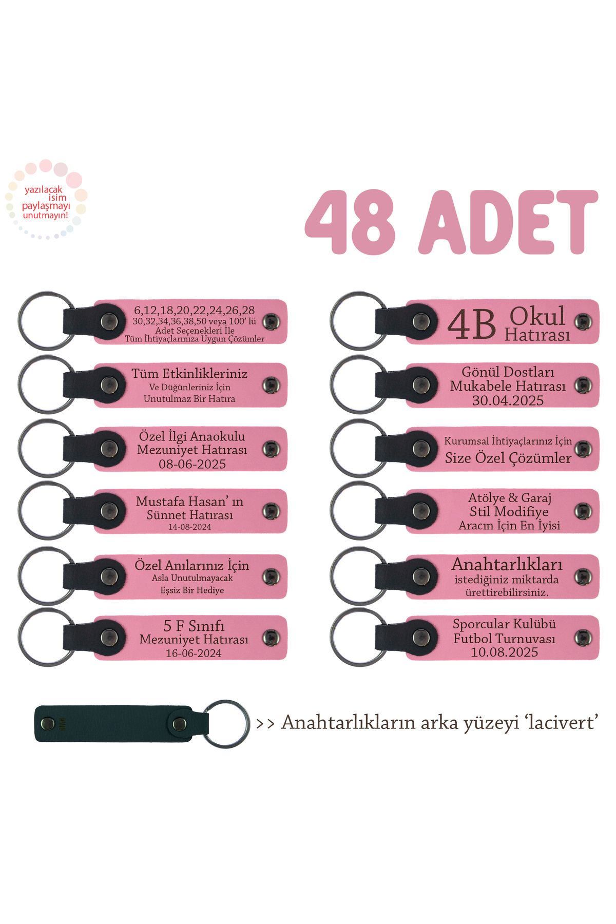 Miaju Pembe & Lacivert, Okul Tanıtımı İçin 48'li Set, Üzerinde Okul Bilgisi Yazılı Promosyonel Anahtarlık