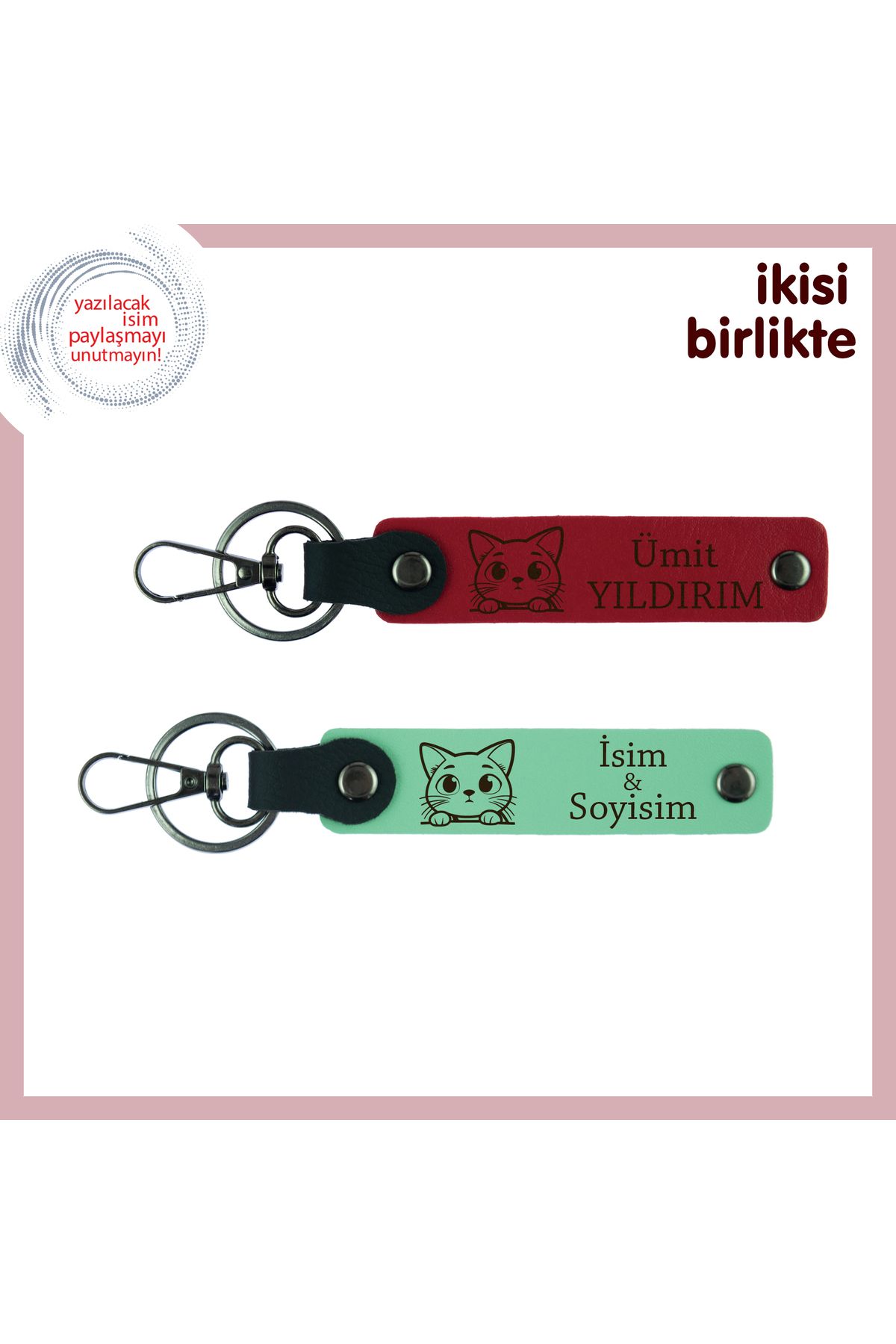 Miaju Kedisever Sevgiliye Kalıcı Hatıra, Kedi Temalı Deri Anahtarlık Seti, Kırmızı-Açık Yeşil