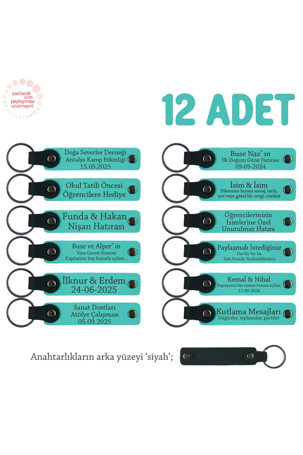 Miaju Lise Sınıflarına Anlamlı Bir Mezuniyet Hatırası 12'li Set, Anı Anahtarlığı, Turkuaz & Siyah