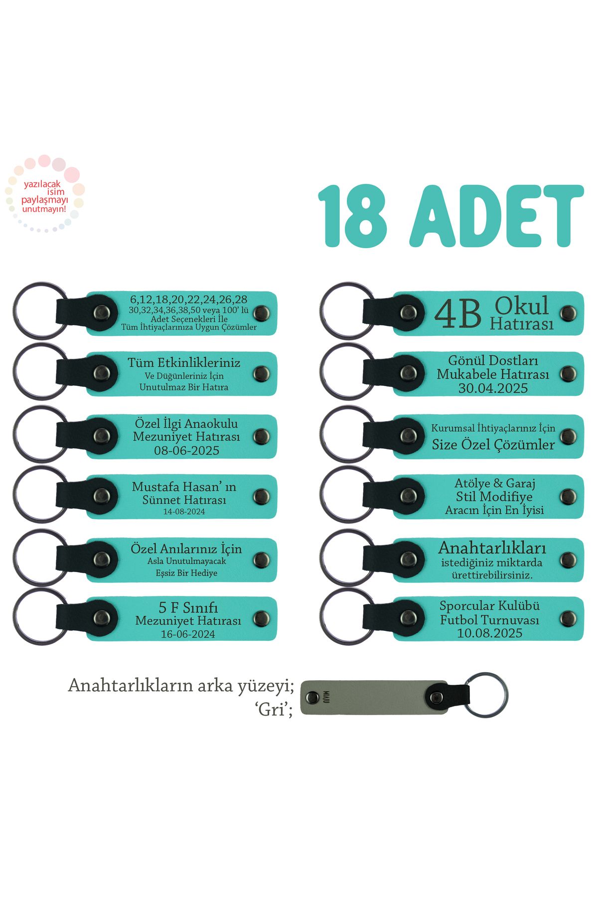 Miaju Anaokulu İçin İsim Yazılı Karne Hatırası Anahtarlık 18’li Set, Öğrencilere Özel Anı, Turkuaz & Gri
