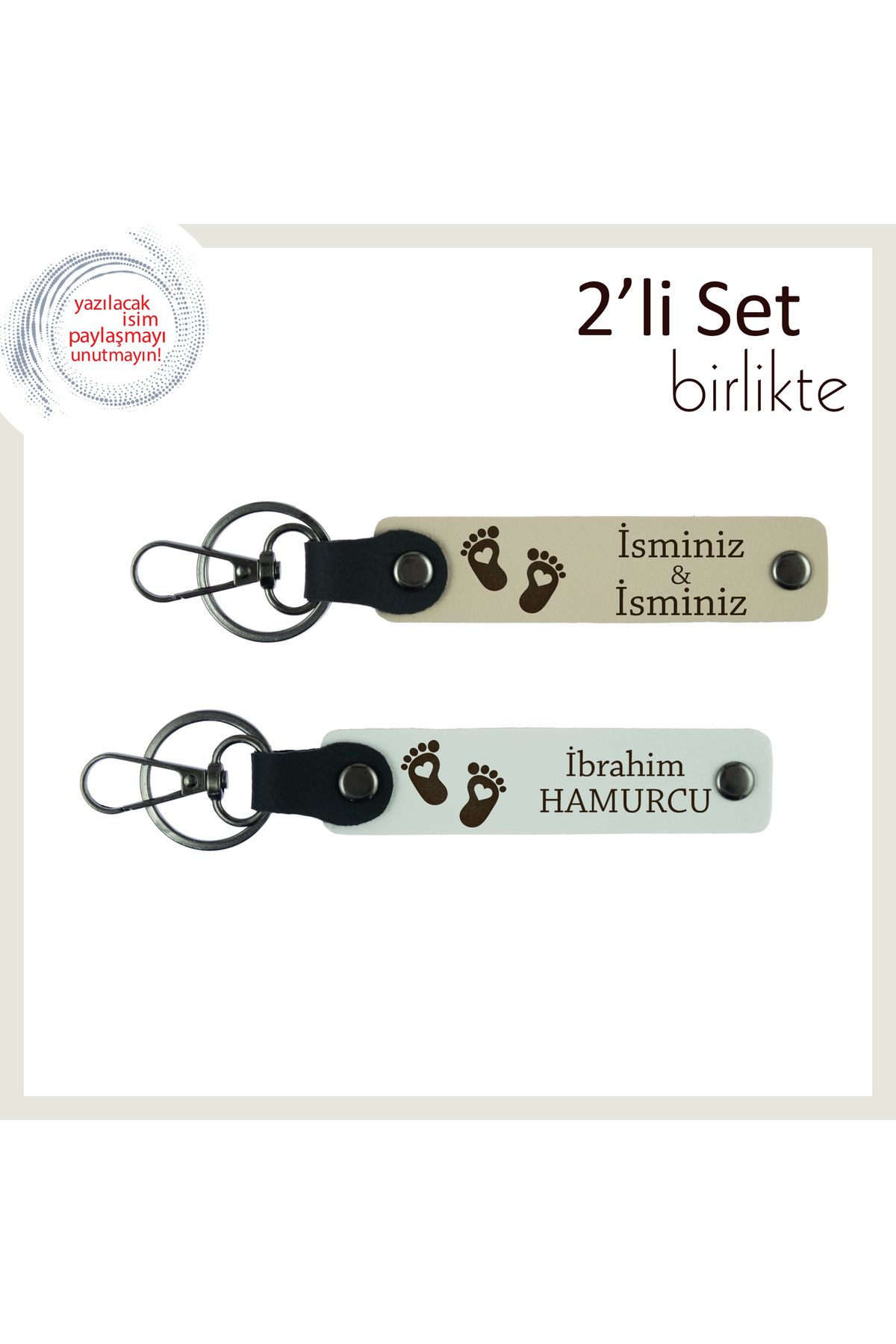 Miaju Bebek Adıyla Özelleştirilmiş Kalpli Ayak Temalı Deri Anahtarlık, Saklanabilir Anı, Sütlü Kahve-Beyaz