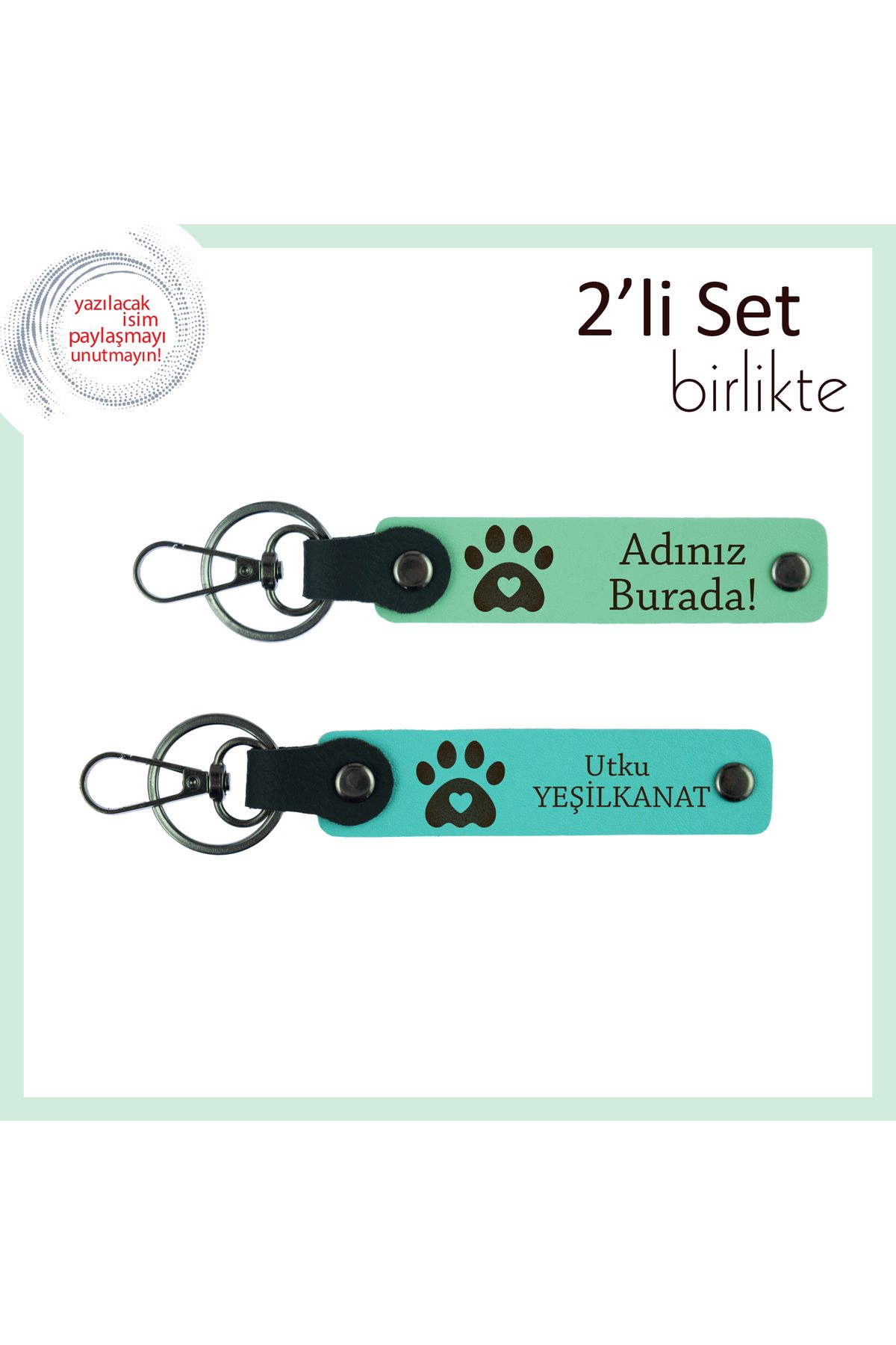 Miaju Hayvan Sevgisini Taşıyan Tasarım, Pati Kalpli Kişisel Anahtarlık Takımı, Açık Yeşil-Turkuaz