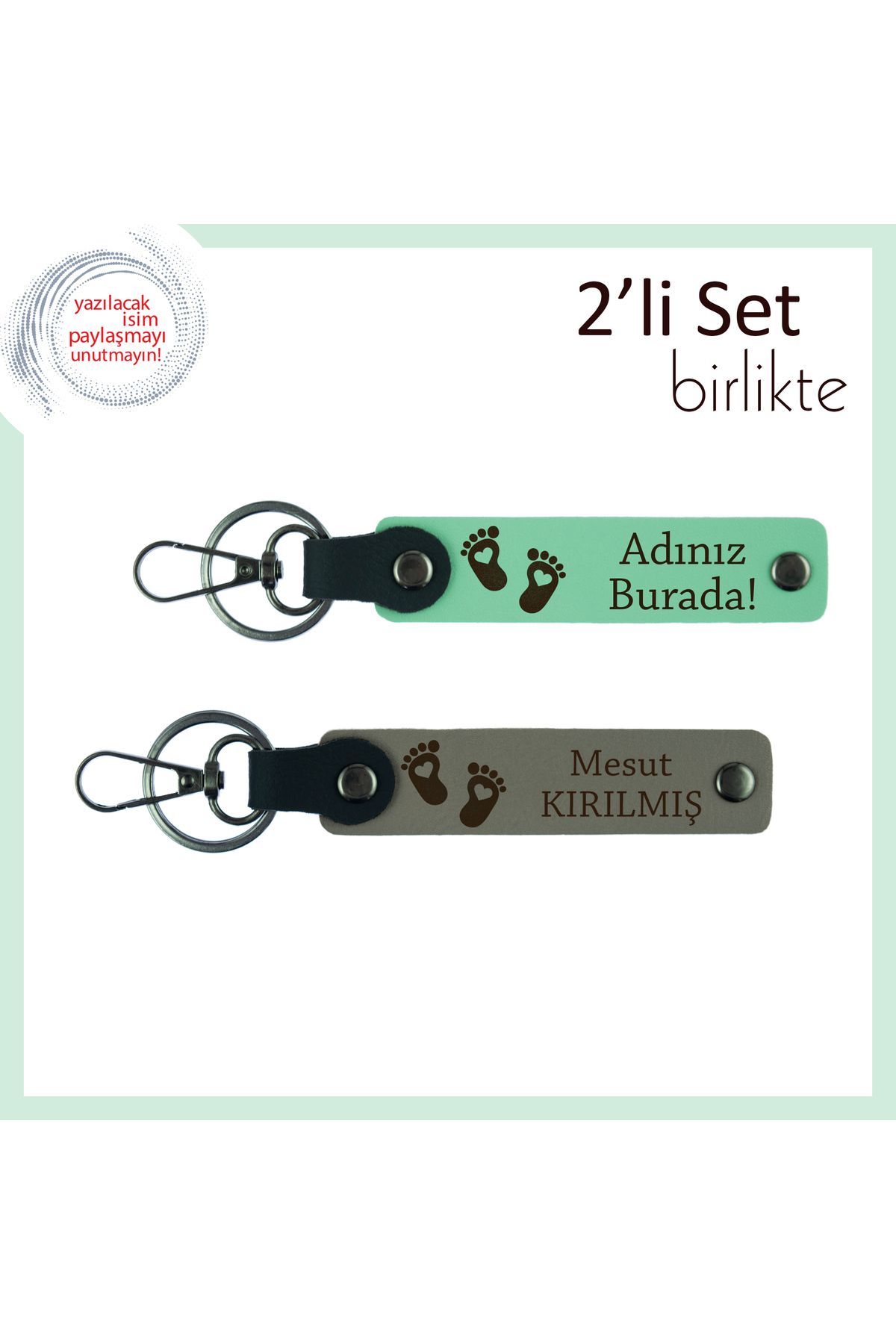 Miaju Bebek İsmine Özel Sevimli Hediyelik, Kalpli Bebek Ayağı Temalı Anahtarlık Seti, Açık Yeşil-Kül Gri