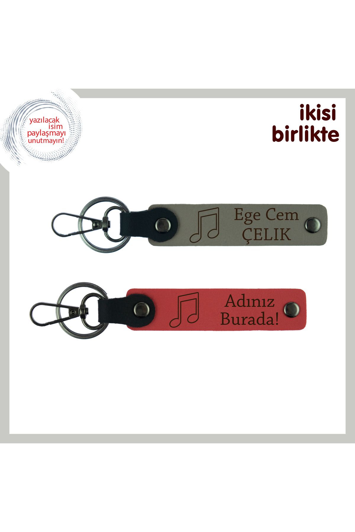 Miaju Her Melodide Seni Hatırlatacak Armağan, İsim Yazılabilir Deri Anahtarlık Seti, Kül Gri-Nar Çiçeği