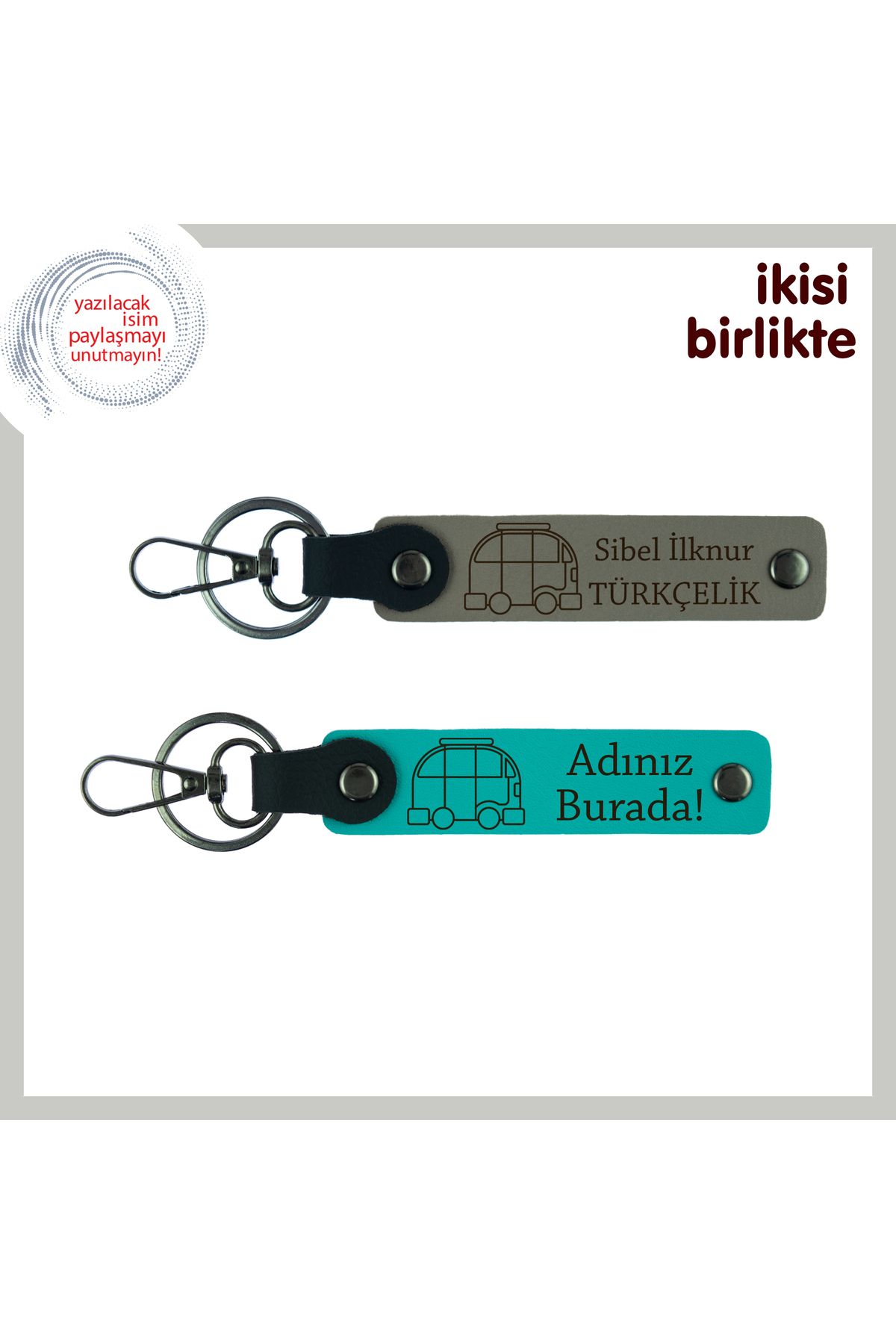 Miaju Kampçı Aile Üyelerine Anlamlı Sürpriz, Kişisel Anahtarlık Takımı, İsim Yazılı, Kül Gri-Koyu Turkuaz
