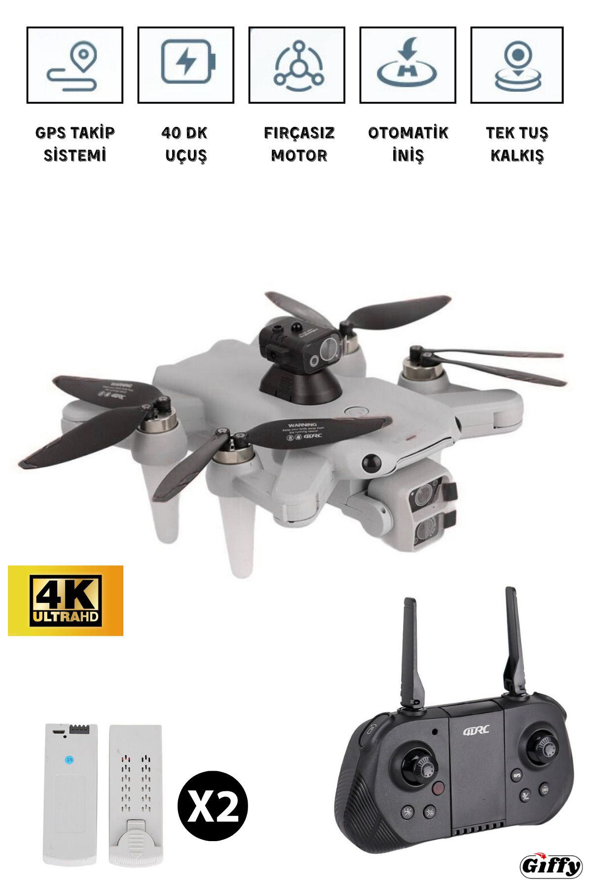 giffy 4K Full Hd 2 Bataryalı 500M Menzil Çift Kameralı Katlanabilir Kameralı Profesyonel Drone 40 DK Uçuş