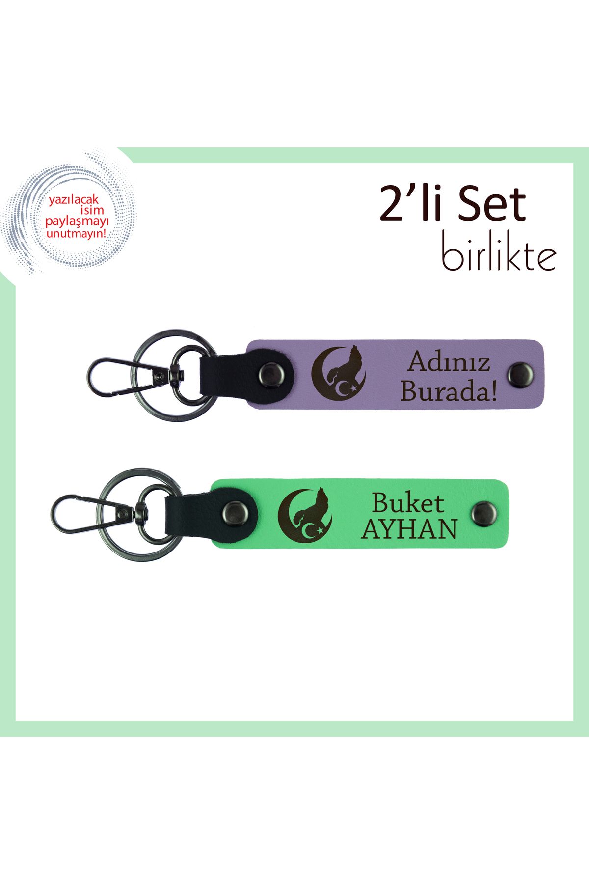 Miaju Vatan Temalı Kişiye Özel Anahtarlık x2 – Bozkurt Ve Ayyıldız Hediye Takımı İsim Yazılı, Mor-Yeşil