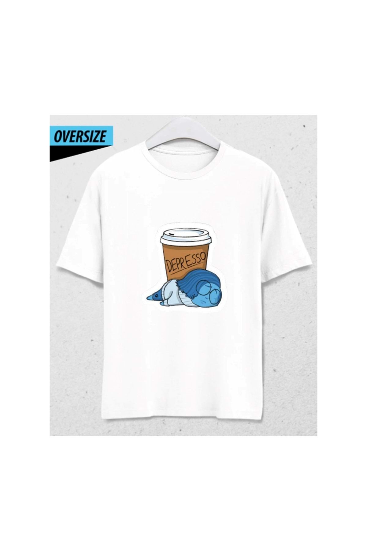 HENA DİZAYN Despresso – Coffee First, Talk Never Oversize Unisex T-Shirt Beyaz