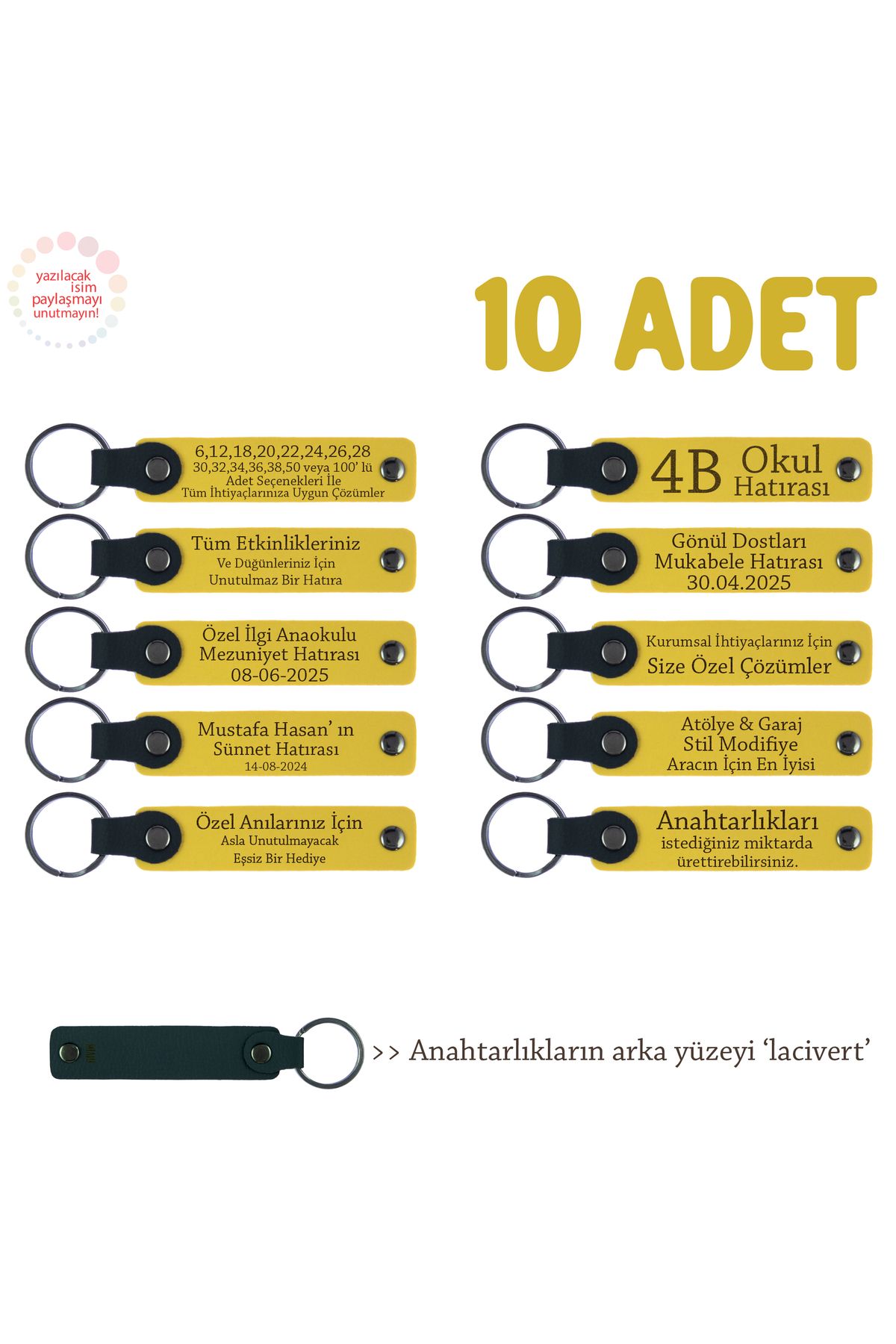 Miaju Sarı & Lacivert, Tur Rehberlerinden Katılımcılara Hatıra 10’lu Set, İsim Yazılabilir Deri Anahtarlık