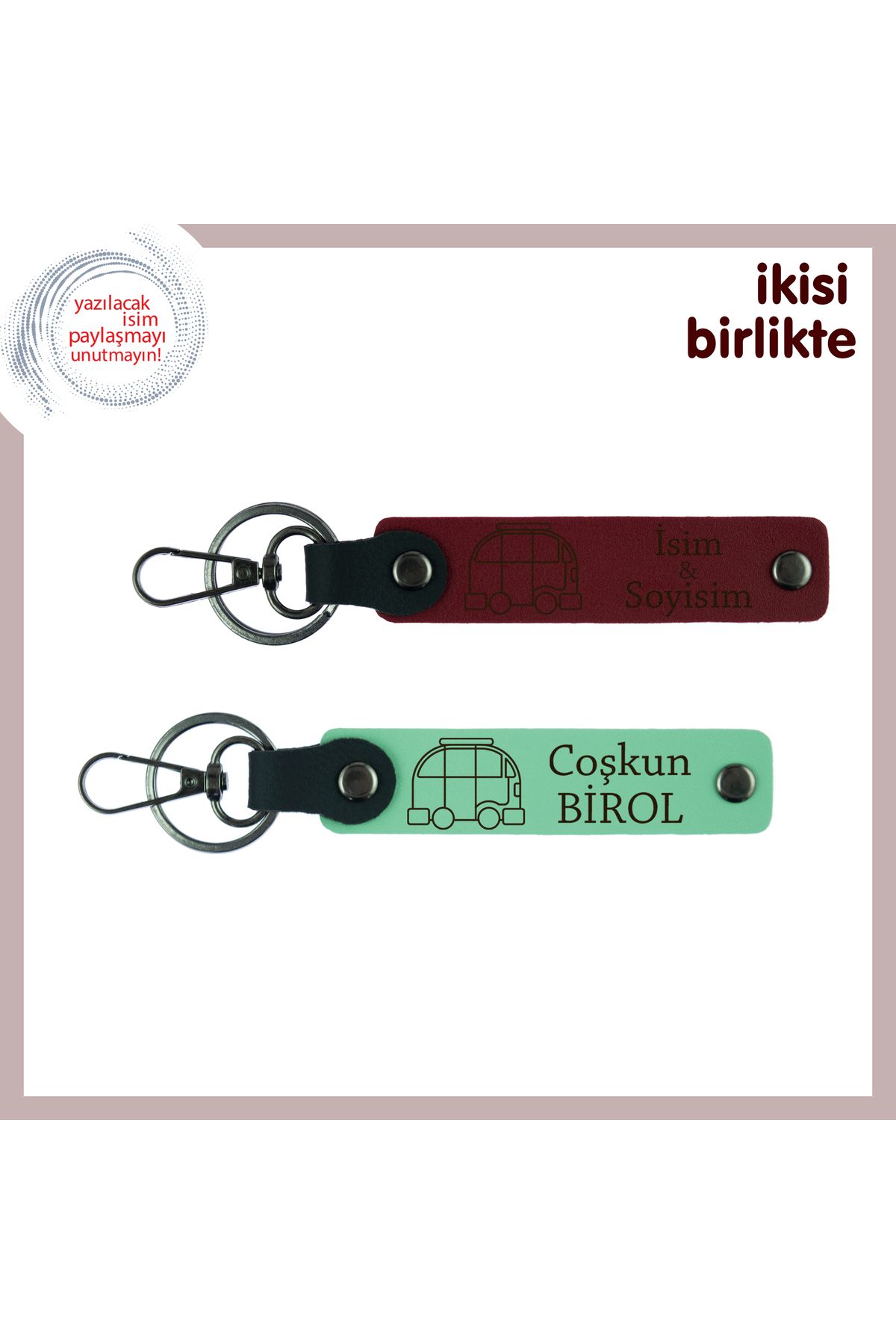 Miaju Karavanda Yaşanan Aşklara, Hediyelik Deri Anahtarlık Set, İsim Yazılabilir, Bordo-Açık Yeşil