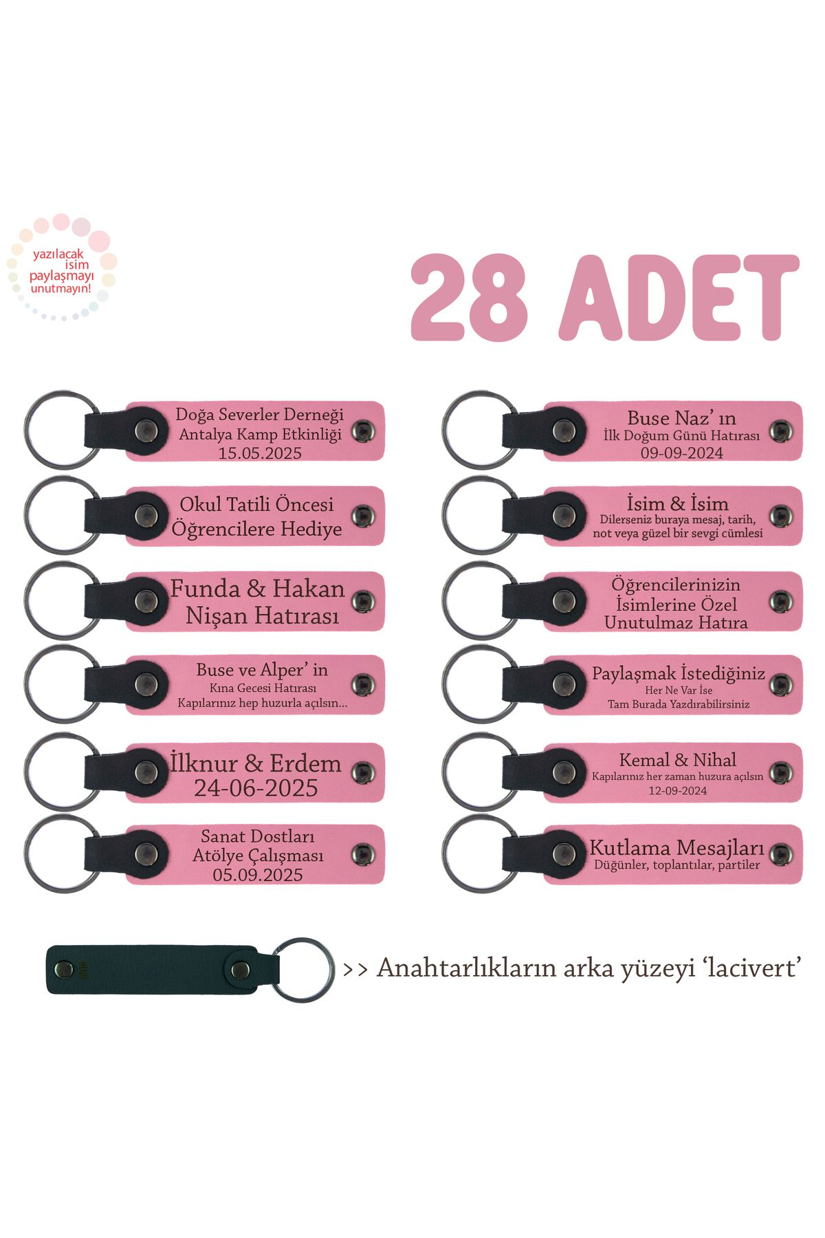 Miaju Pembe & Laci, Arkadaş Grubuna Ortak Hediye 28'li Set, Kişiselleştirilebilir Yazılı Deri Anahtarlık