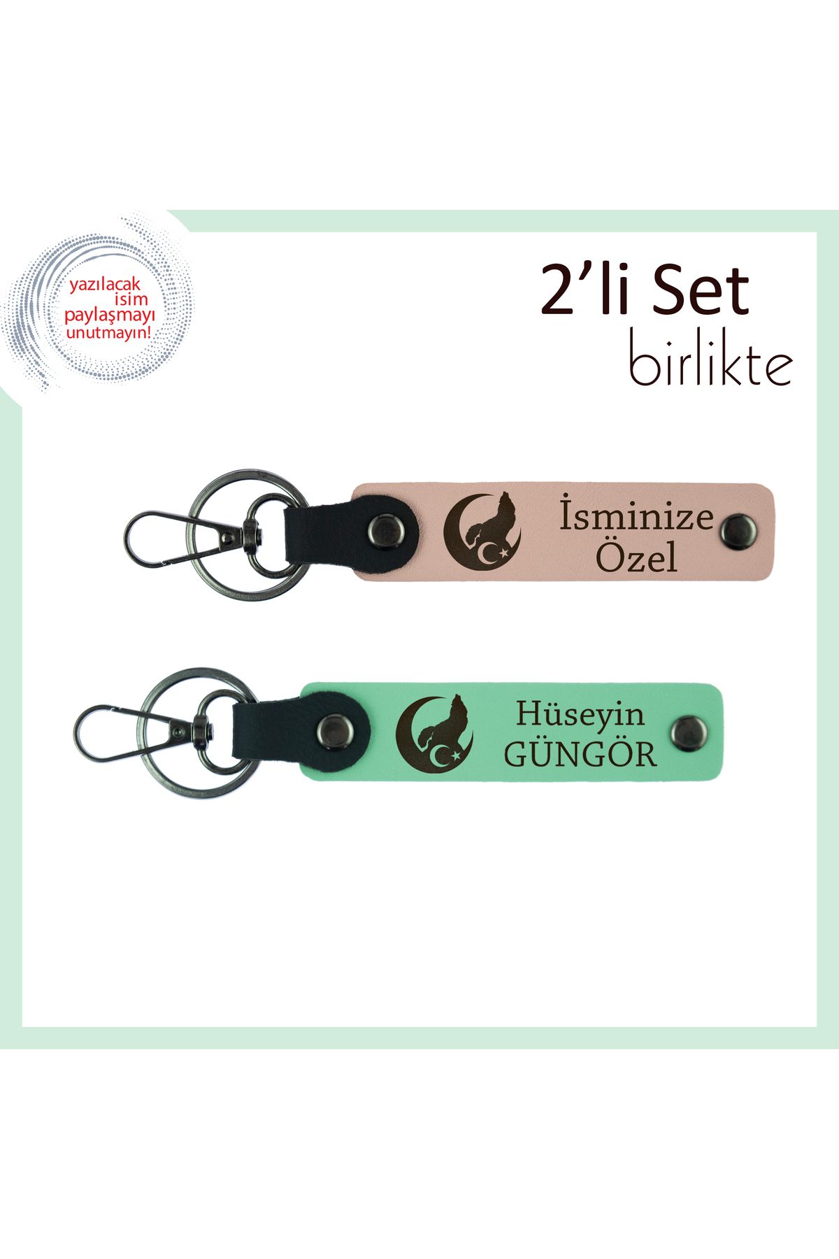Miaju Unutulmaz Hediye Seçeneği – Bozkurt Ve Ayyıldız Temalı Kişisel x2 Anahtarlık, Yavru Ağzı-Yeşil