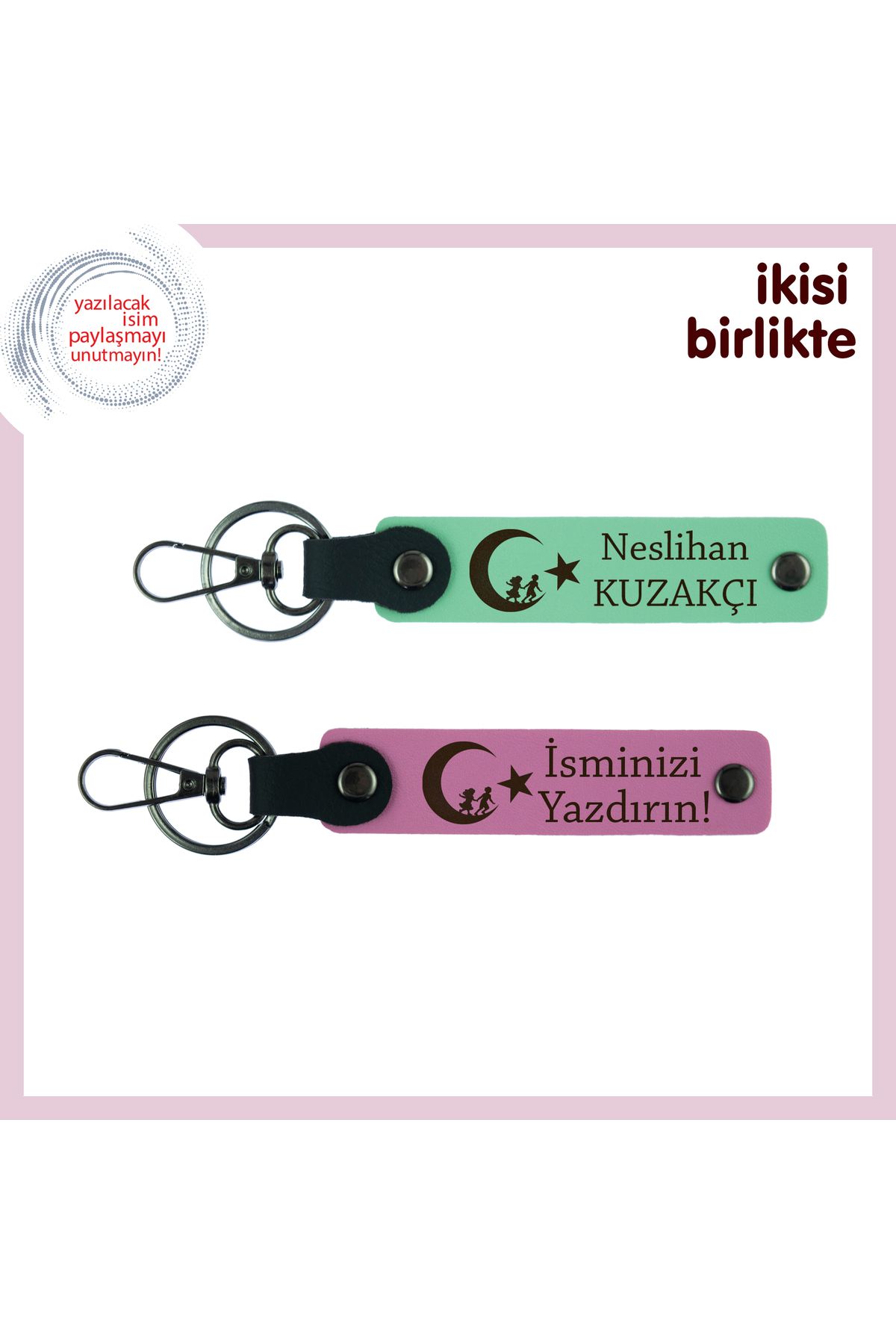 Miaju Kız Kardeşe Unutulmaz Hediye, Çocuk Ve Ayyıldız Temalı İsimli 2’li Anahtarlık, Açık Yeşil-Pembe