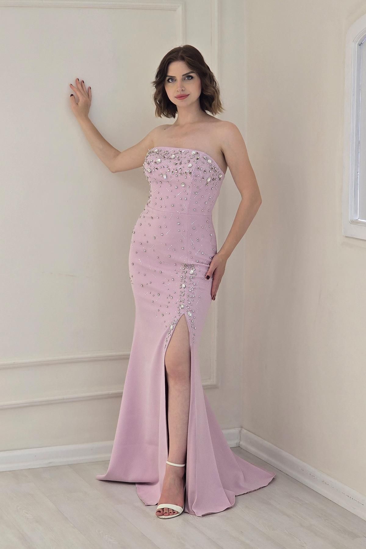 Yonca Moda Evi Pudra Krep Taş İşlemeli Abiye 4111