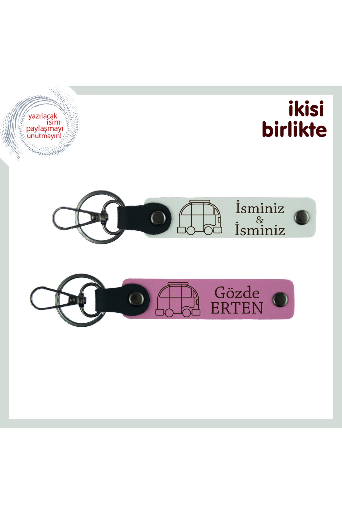 Miaju Doğa Ruhu Taşıyan Deri Anahtarlık, İsim Yazılabilir Karavan Motifli 2’li Set, Beyaz-Pembe