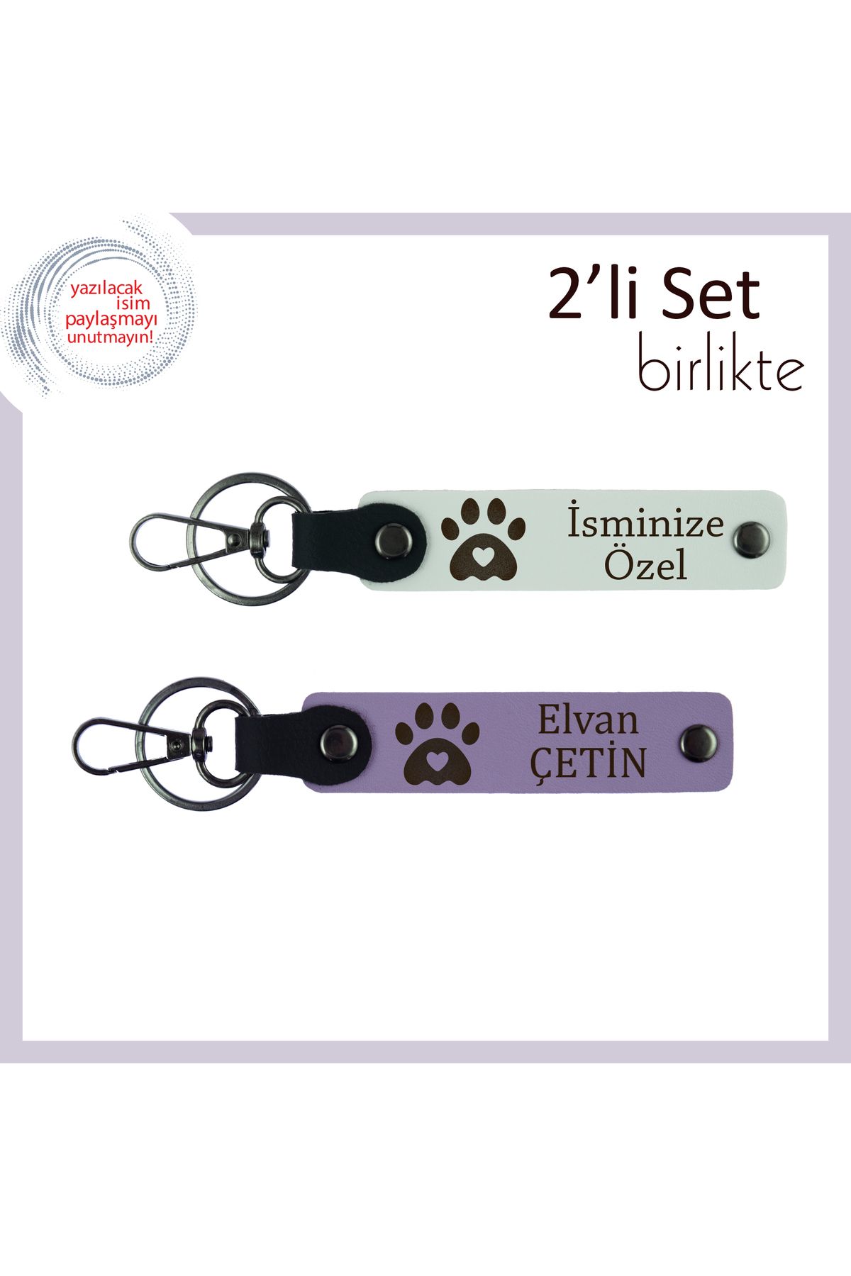 Miaju Hayvansever Eşe Anlamlı Hediye, Kişiye Özel Kalpli Pati Motifli Set, İsim Yazılabilir, Beyaz-Mor