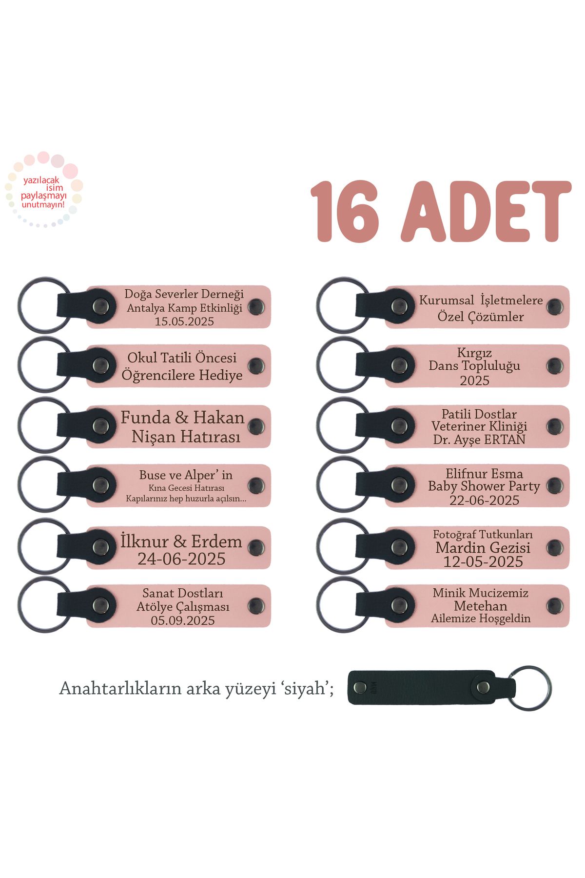 Miaju Kıymetli Öğretmenlere Hatıra, 16'lı Set, Üzerine İsim Yazılabilen Deri Anahtarlık, Pudra & Siyah