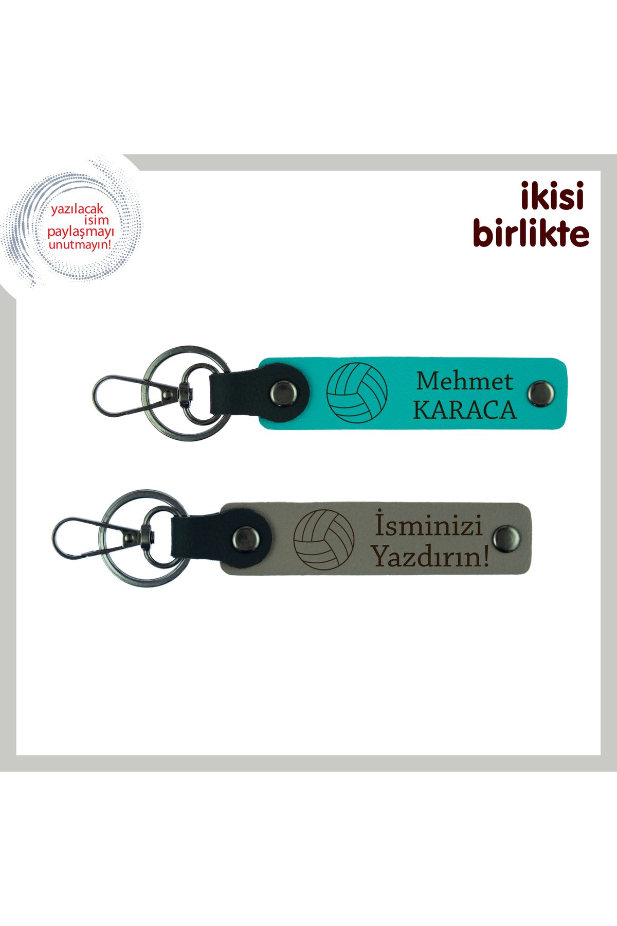Miaju İsim Yazılabilir Deri Anahtarlık Takımı, Voleybol Desenli, Sporcuya Özel, Koyu Turkuaz-Kül Gri
