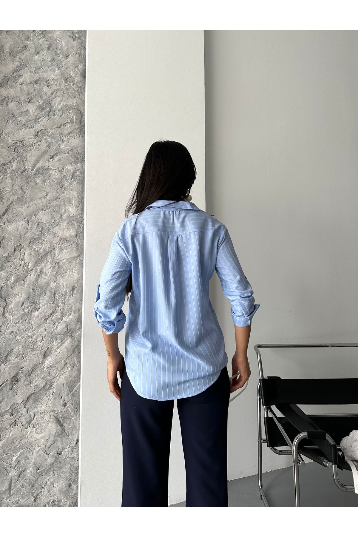 MYGİYİMİSTANBUL  Kadın Çizgili Uzun Kollu Gömlek - Görsel 6